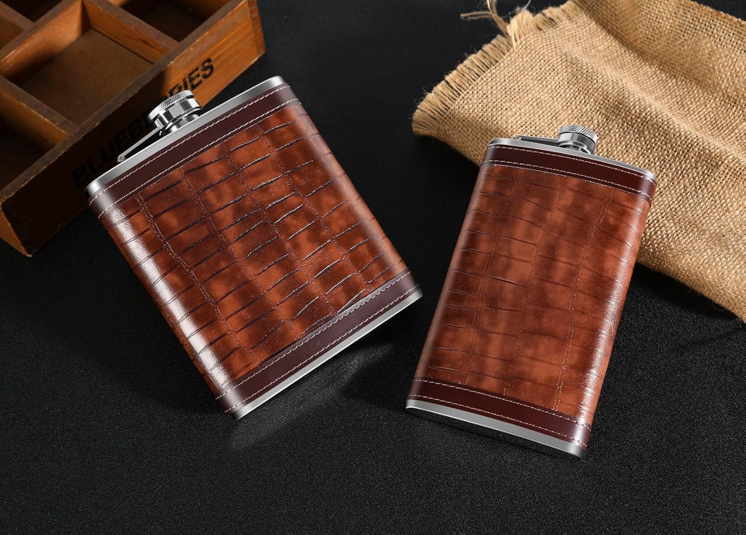 18 oz Crocodile Leather Pattern Large Capacity Brown Stainless Steel Whiskey Liquor Hip Flask with PU Leather Wrapped