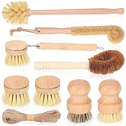 8 Pcs Bamboo Dish Brush Dish Washing Scrub Bottle Brush Wooden Palm Pot Brush Cleaning Scrubbers with Natural Sisal Bristles Long Handle for Pots Pans, Bottle, Sink, Vegetables, Household Cleaning