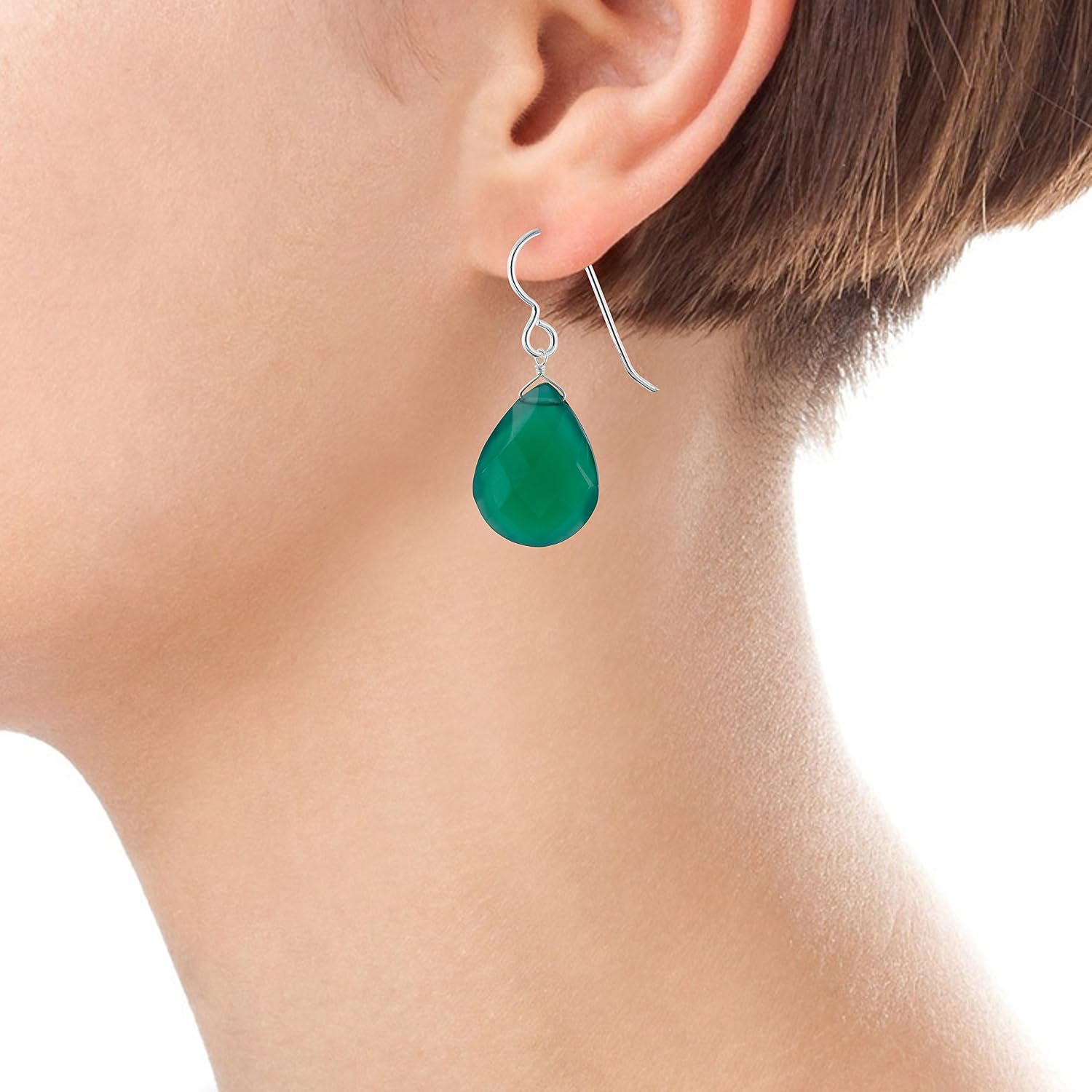 Emerald Green Chalcedony Pear Shape Gemstone Briolette Sterling Silver Dangle Drop Earrings