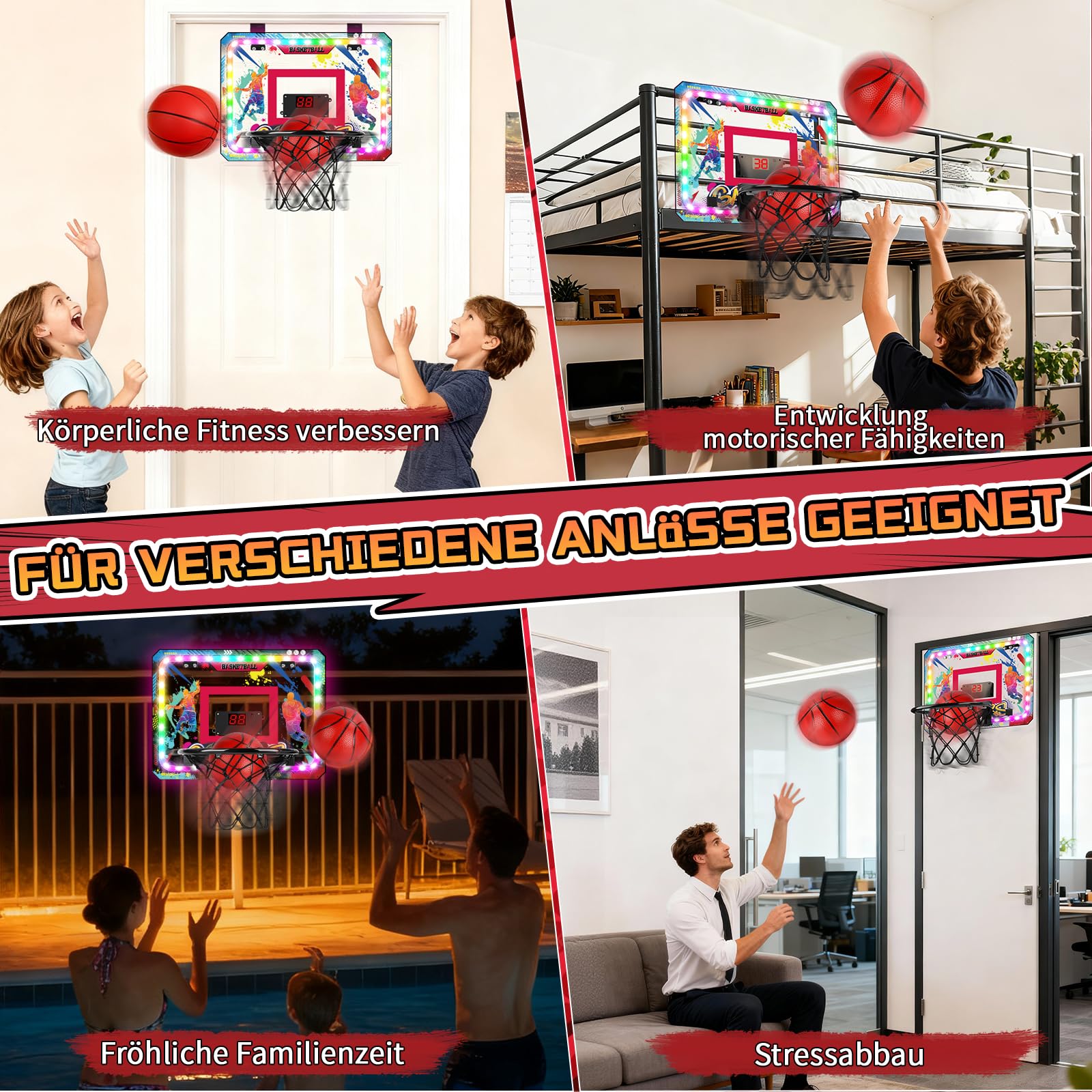 Bewegliches Basketballkorb Indoor, Mini Basketballkorb fürs Zimmer Tür mit Fernbedienungen, Leuchtend Bällen, Anzeigetafel, 10 Farben Lichter, Basketballbrett Kinder für Jungen Mädchen