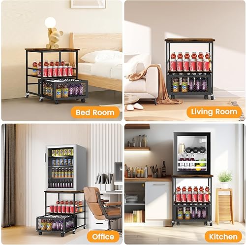 Miniatura 5 de Mini soporte móvil para refrigerador de 19.7 x 19.7 pulgadas con 3 almacenamientos, mesa pequeña para refrigerador de bebidas con ruedas, carrito