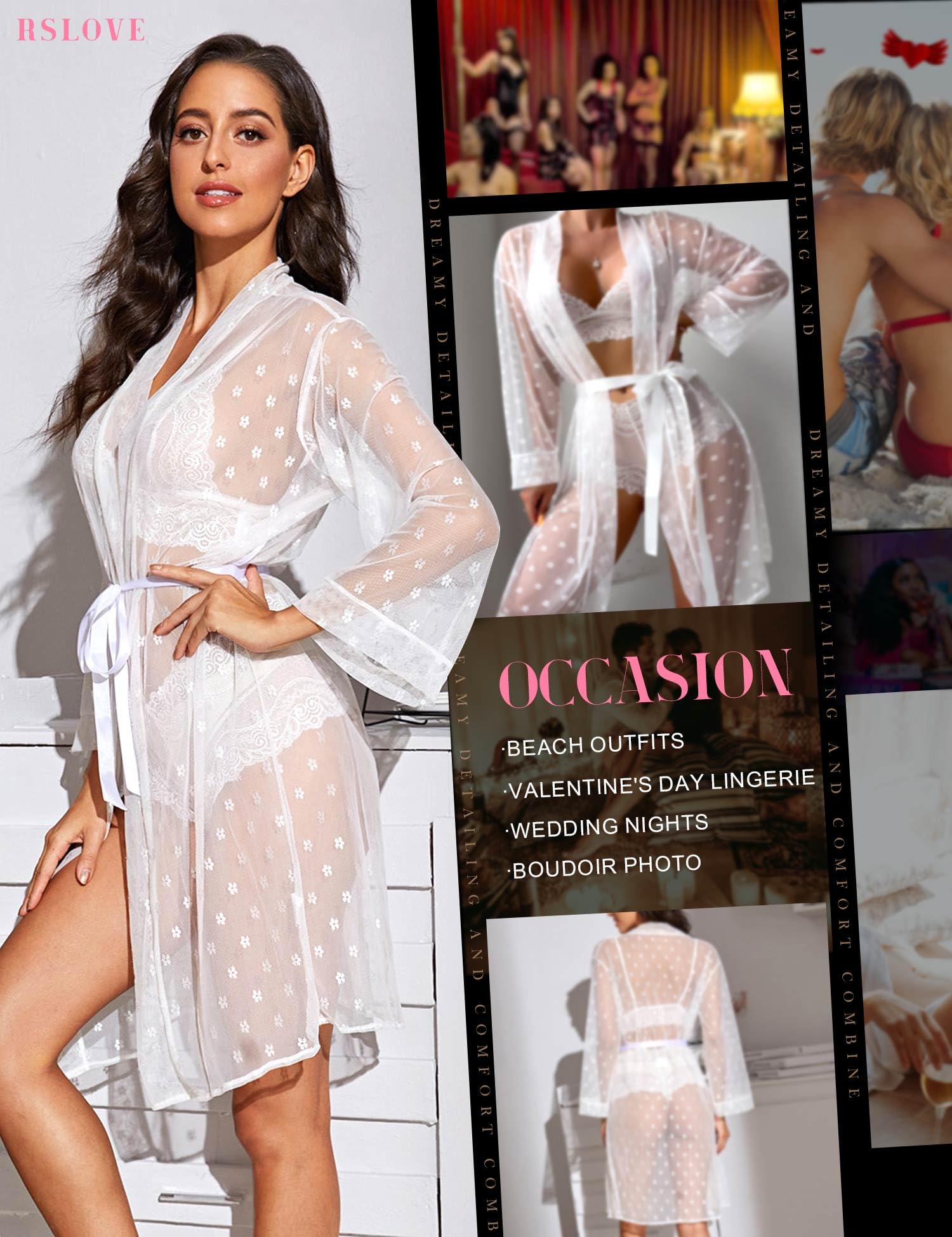 RSLOVE Women Lingerie Set with Robe - 3 Piece Lace Bra and Panty Set Sexy Sleepwear for Bridal Honeymoon Anniversary: Large White