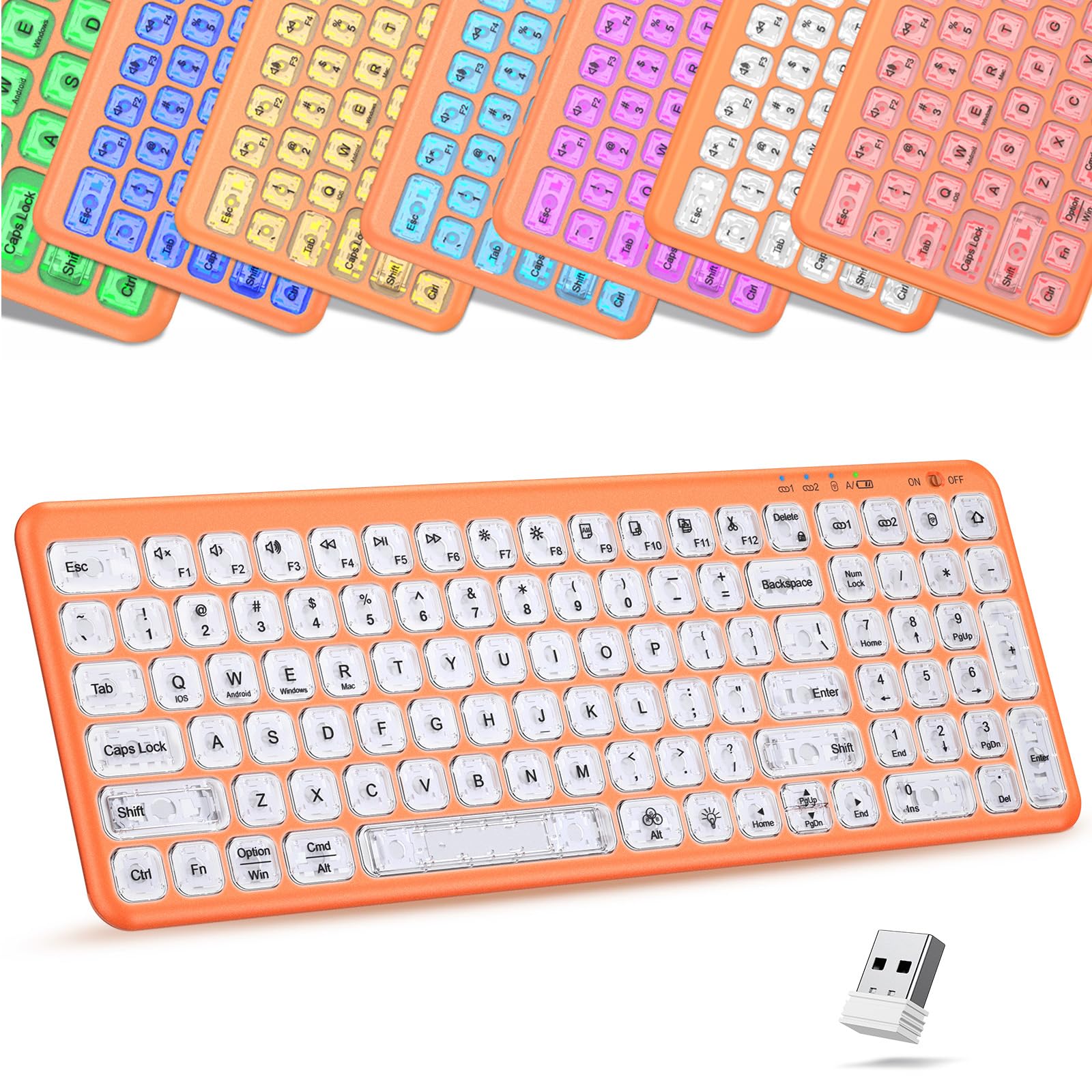 Omikamo Wireless Keyboard with 7 Color Backlits, Multi-Device 2.4G & Dual Bluetooth Keyboard, Orange Computer Keyboard for Mac Windows iOS and Android, 3 Devices Connection, Rechargeable Battery