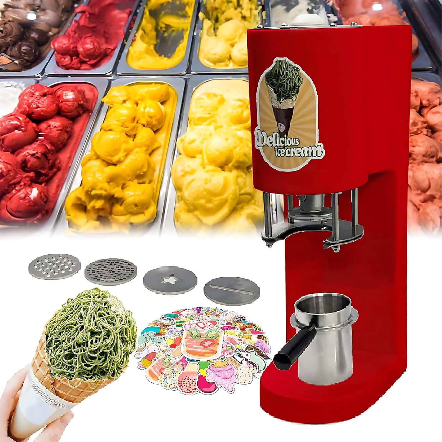 Commerical Spaghetti Ice Cream Maker, Ice Cream Noodle Shape Making Machine, Spaghetti Press Ice Cream Maker, for Ice Cream Store, Bars, Cafes, Restaurant, Snack Bar,White
