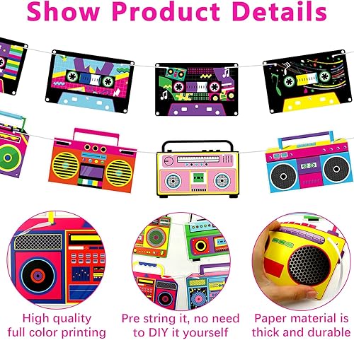 Miniatura 4 de Cinta de cassette para decoración de fiestas, 4 pancartas de cinta de casete, 4 pancartas recortadas de caja de boom, decoración de fiesta de cinta