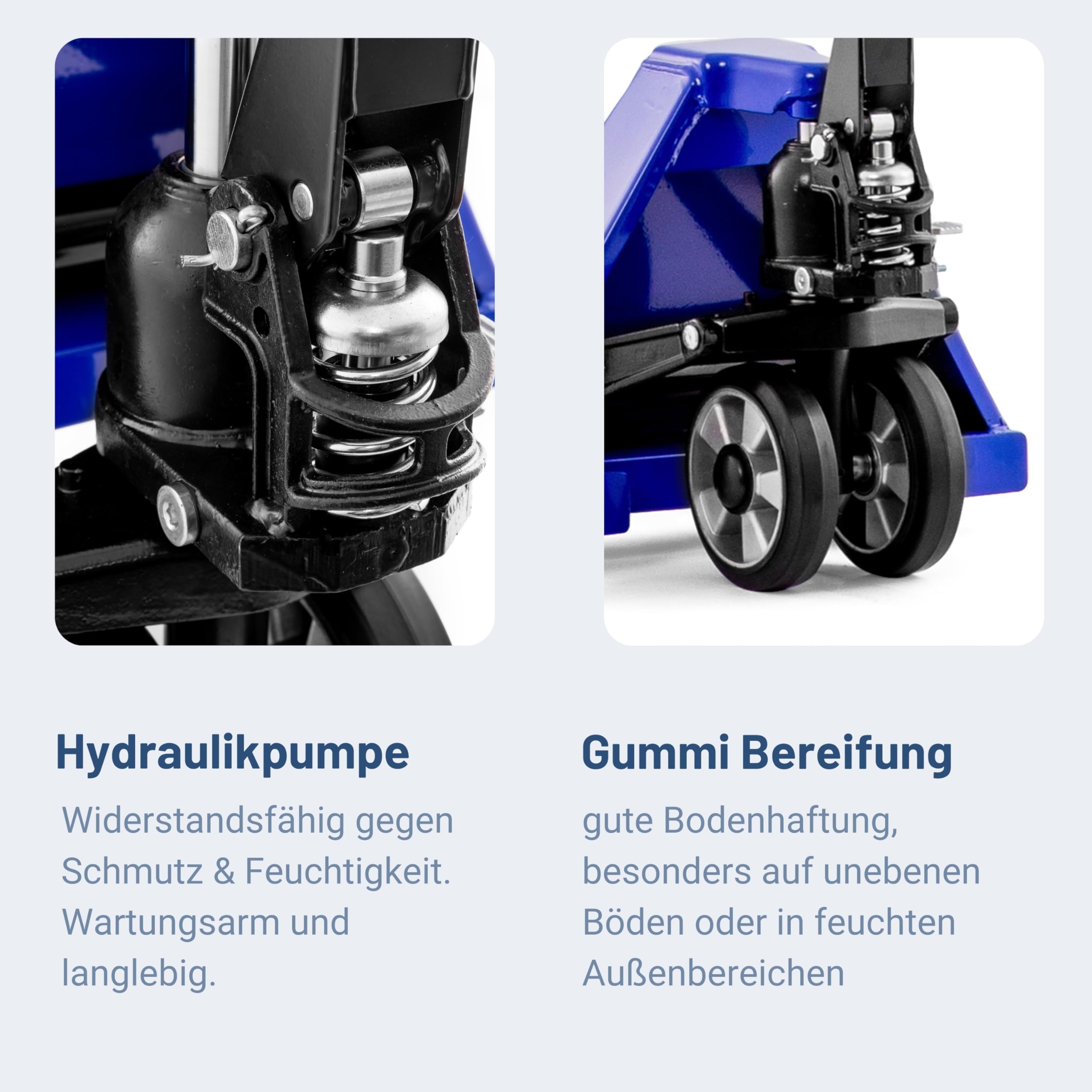 Pallit Hubwagen 2500 kg aus Stahl 1150 mm Gabellänge Five-R Gummirollen Gabelhubwagen Handhubwagen Palettenwagen Blau