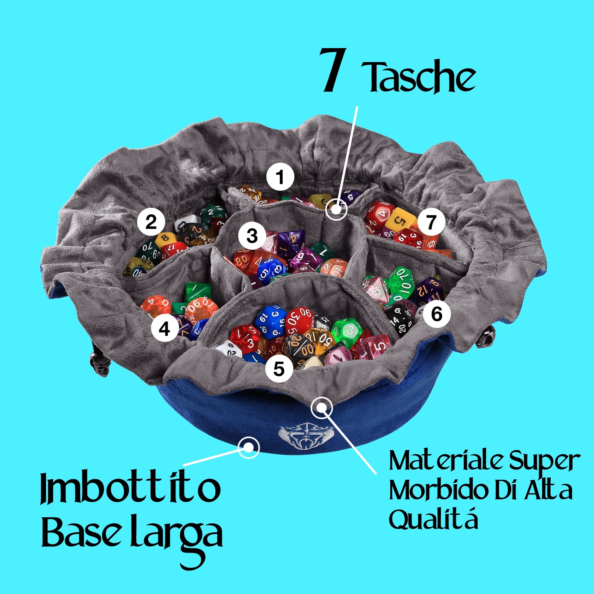 CardKingPro Immense Dice Bag con Tasche - Azzurro - capacità 150+ Dadi - Ottimo Organizzatore per Collezionisti di Dadi, Perfetto per Dungeons & Dragons [Design Brevettato]
