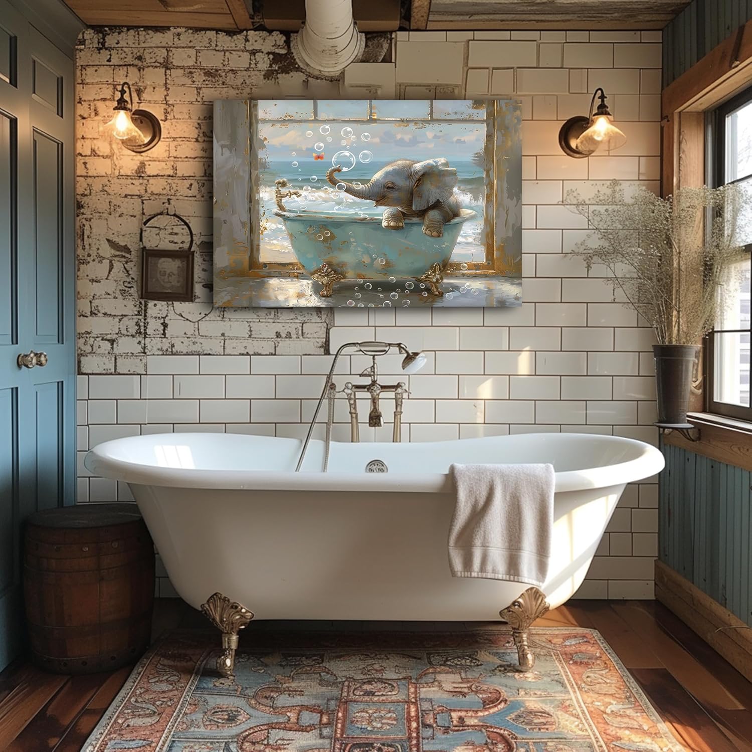Funny Bathroom Wall Art, Kids Bathroom Decor, Baby Elephant in Bathtub Canvas Print, Animal in Teal Bathtub Pictures, Vintage Window Seascape Painting Framed Art for Rustic Restroom Decor 18x24 Inches