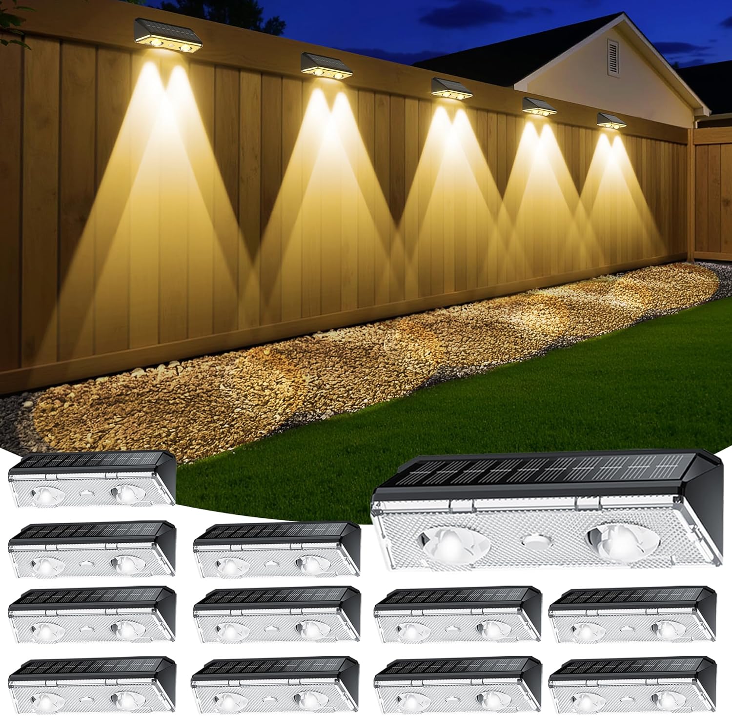 Solar Fence Lights Outdoor, 12 Pack IP65 Waterproof Fence Lights Solar Powered with Ultra-Bright LED Lens, 9 Color Modes, 12+ Hours Steady Glow for Deck/Backyard/Patio/Pool/Wall - Black Black 12 Pack