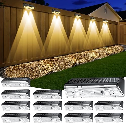 Luces solares para valla al aire libre, paquete de 12 luces impermeables IP65 para valla alimentadas por energía solar con lente LED ultra