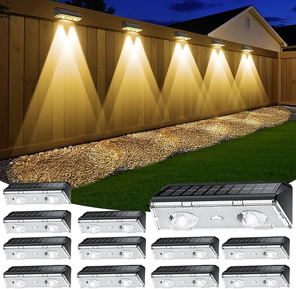 Solar Fence Lights Outdoor, 12 Pack IP65 Waterproof Fence Lights Solar Powered with Ultra-Bright LED Lens, 9 Color Modes, 12+ Hours Steady Glow for Deck/Backyard/Patio/Pool/Wall - Black