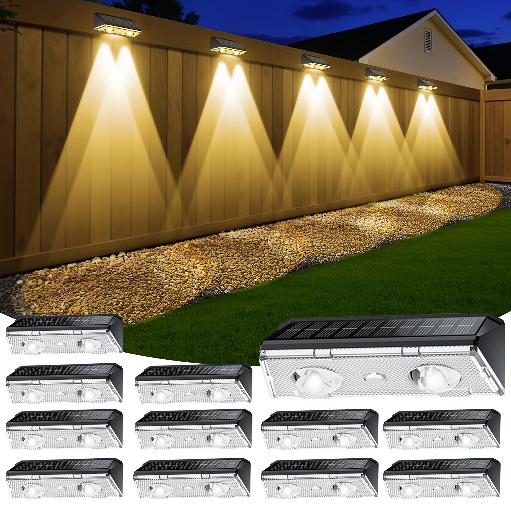 Solar Fence Lights Outdoor 12 Pack IP65 Waterproof Fence Lights Solar Powered with Ultra-Bright LED Lens 9 Color