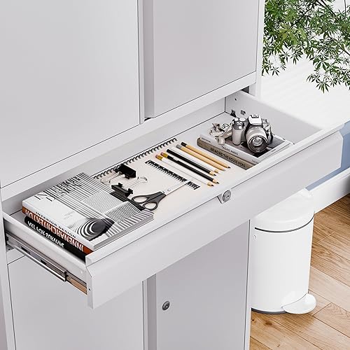 Miniatura 7 de Armario de almacenamiento de metal con ruedas, armario alto de almacenamiento de garaje con 2 estantes ajustables y cajón, armario de herramientas