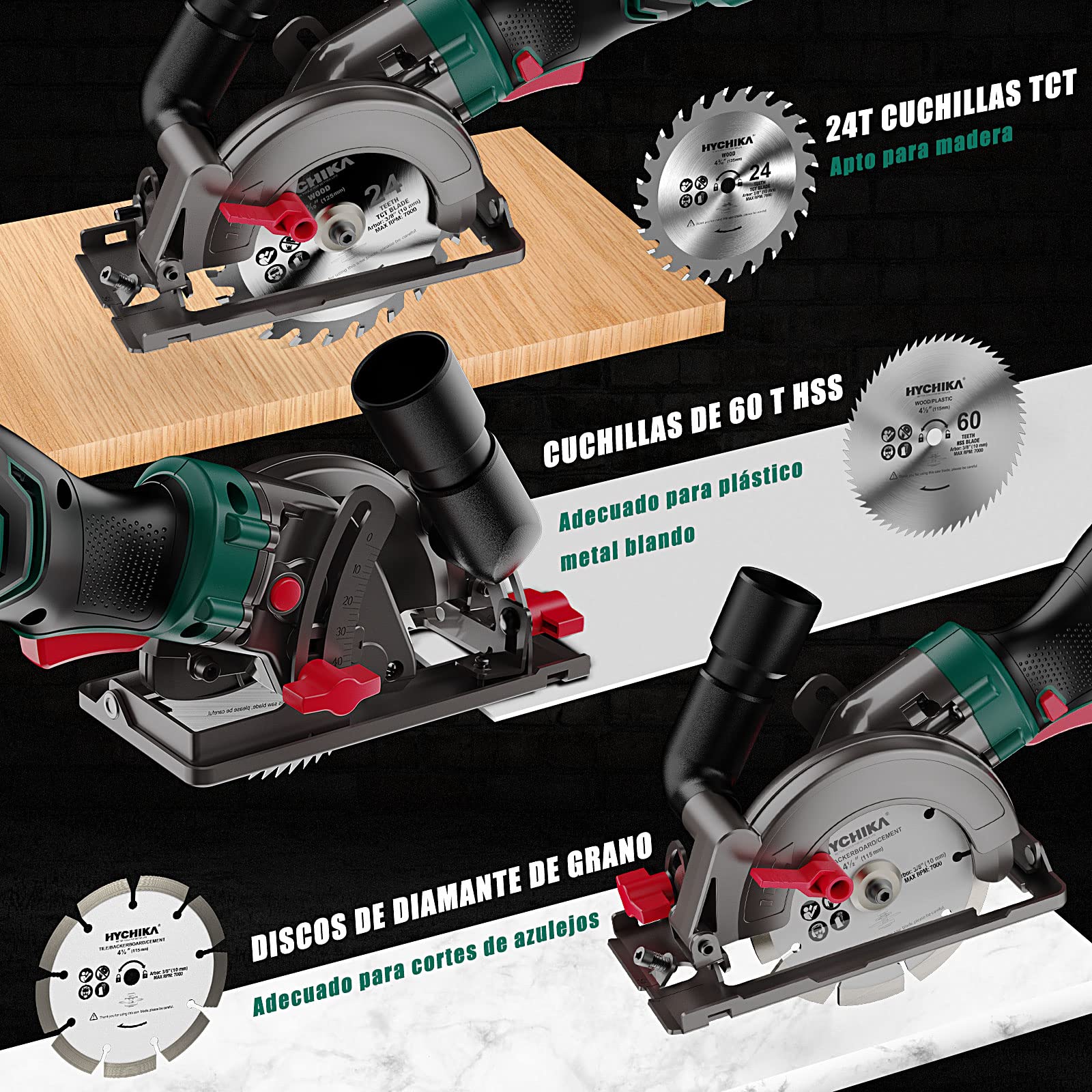 HYCHIKA Mini Sierra Circular 750W 3500RPM, Sierra Compacta de Mano con 3 Hojas (24T/60T/9T) para Madera, Metal y Azulejo, Corte Bisel 45°/90° (Profundidad Máx 48mm), Bricolaje