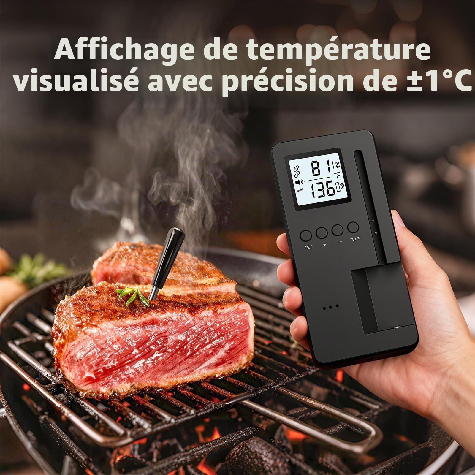 Luvan Thermomètre à viande sans fil Bluetooth, Double commande APP & Base, IP67 étanche, Thermomètre numérique pour BBQ, four, fumoir, friteuse à air