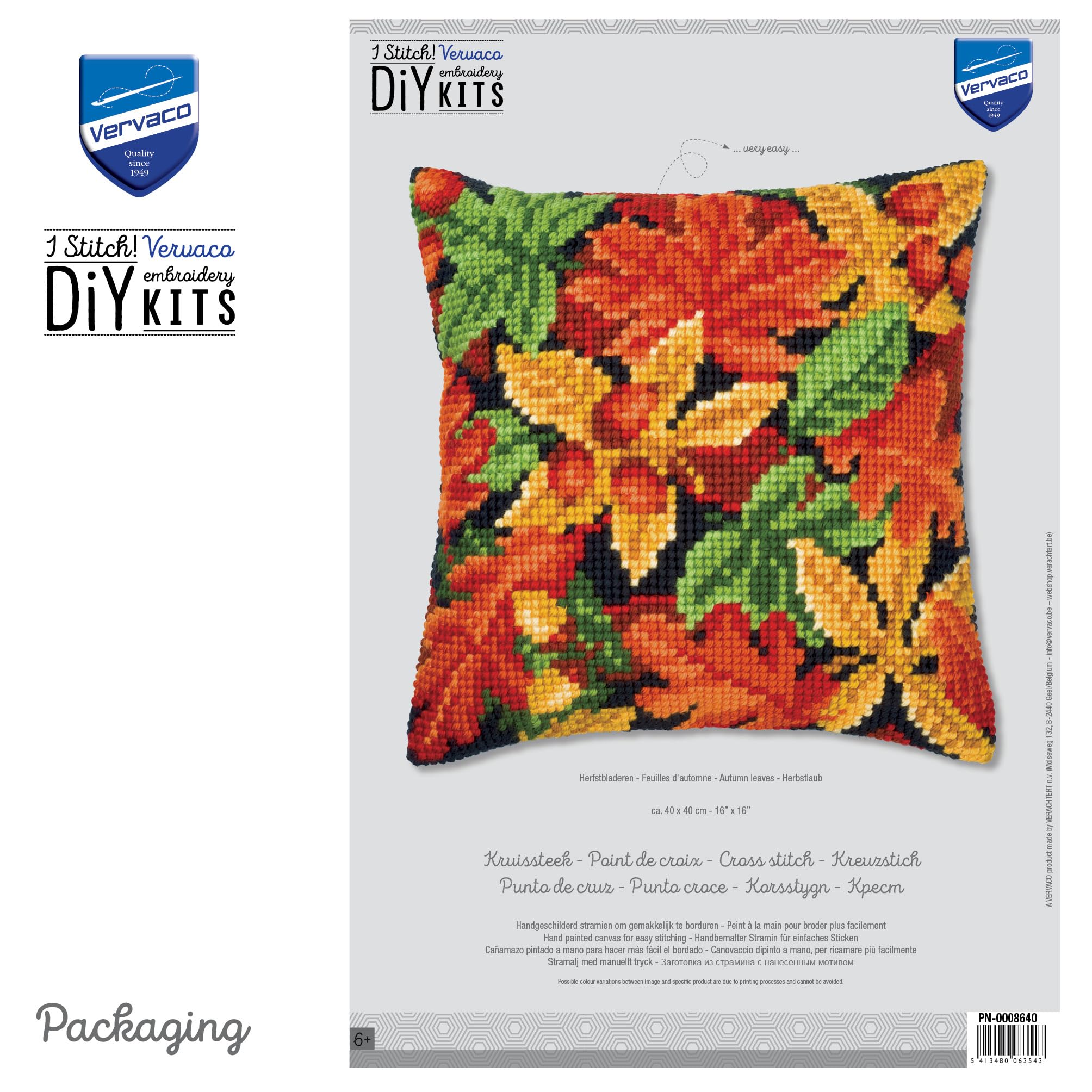 VERVACO Zestaw do Haftu Krzyżykowego Poduszka JESIENNE LIŚCIE Kanwa z Nadrukiem 40 x 40 cm Gruba Włóczka Akrylowa Zrób to Sam Dekoracja Domu DIY Cross Stitch Kit