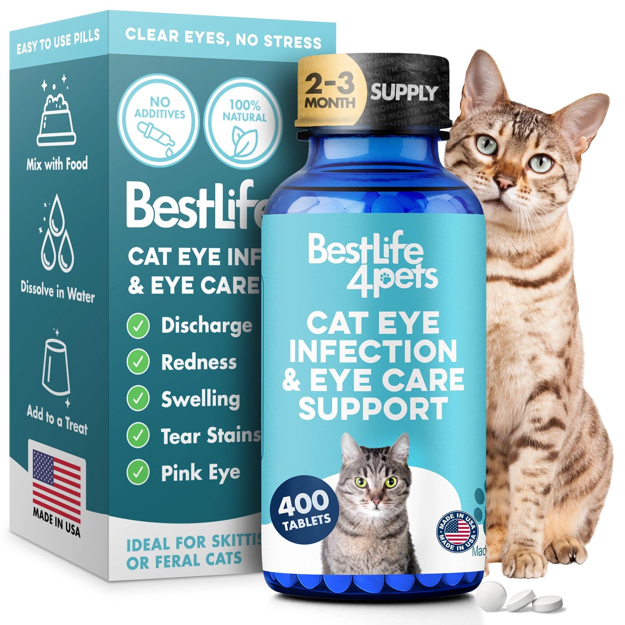 Cat Eye Infection & Vision Care Support, Holistic Vision Support for Cats & Kittens, Soothes Eye Infections, Conjunctivitis, Swelling, and Discharge, Easy to Use, 400 Odorless, Tasteless Pills