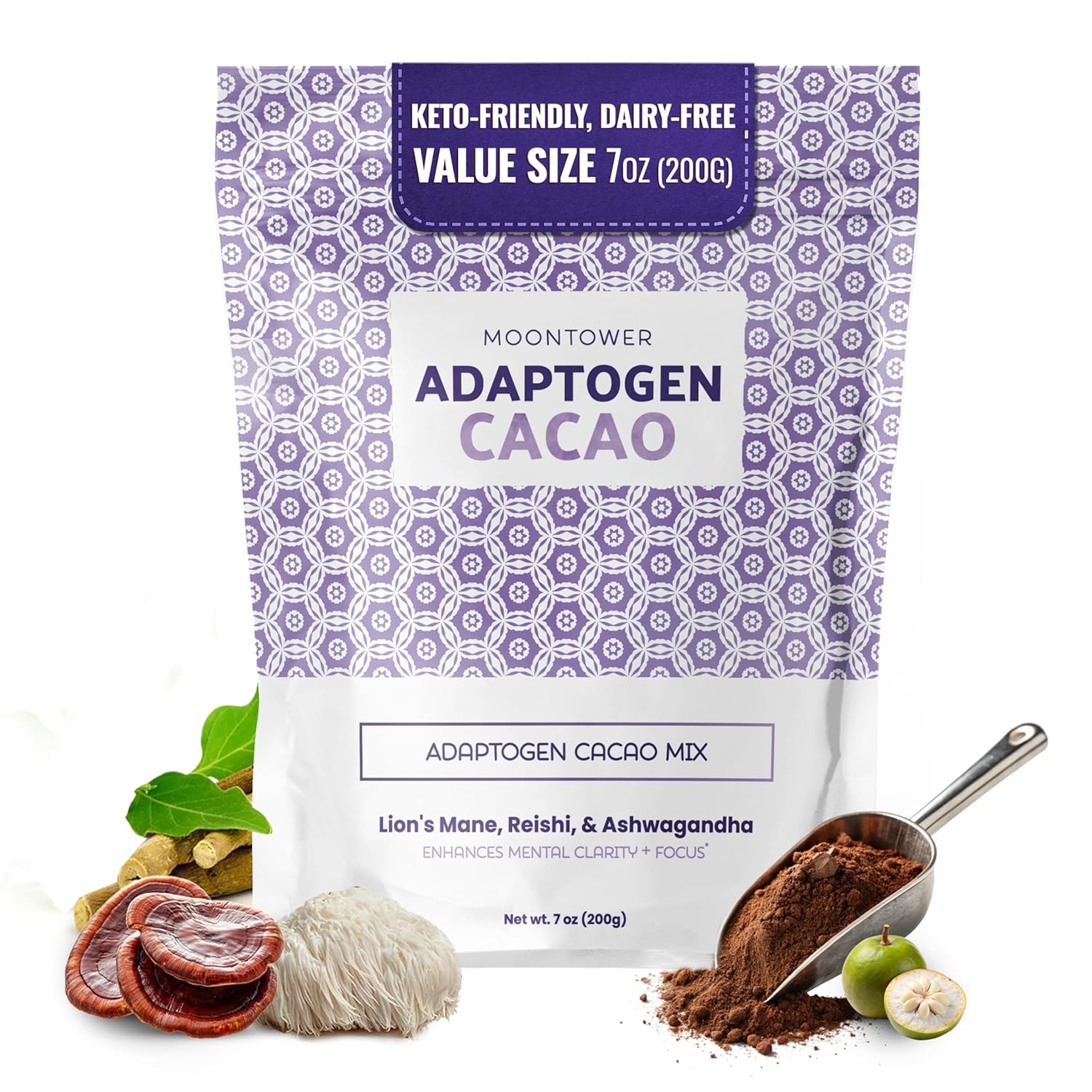 Moontower Cacao Mushroom Coffee Alternative - Lions Mane, Reishi, & Ashwagandha Adaptogen Mushroom Blend - Keto-Friendly, Dairy-Free, for Healthy Lifestyle (7 oz)