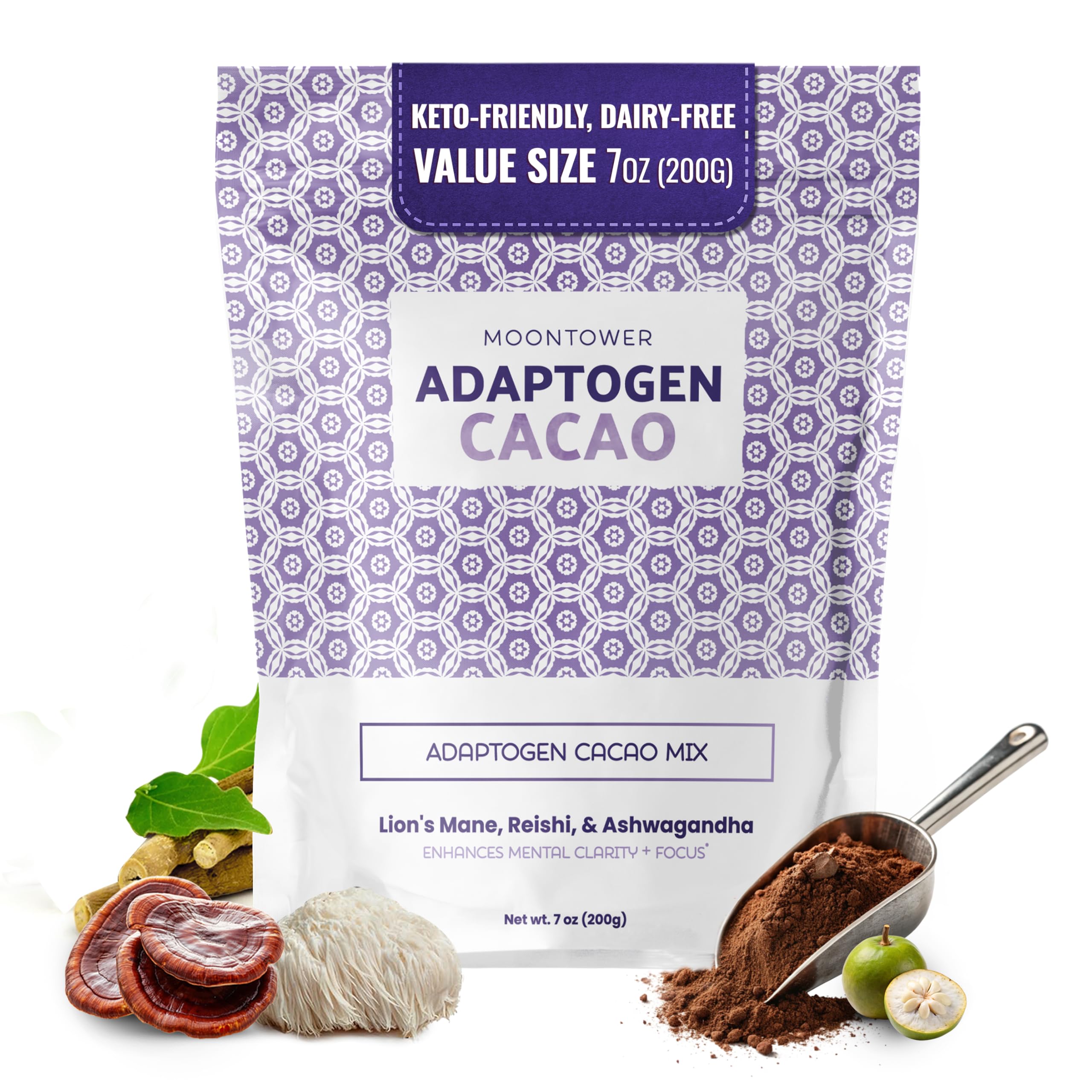 Moontower Cacao Mushroom Coffee Alternative - Lions Mane, Reishi, & Ashwagandha Adaptogen Mushroom Blend - Keto-Friendly, Dairy-Free, for Healthy