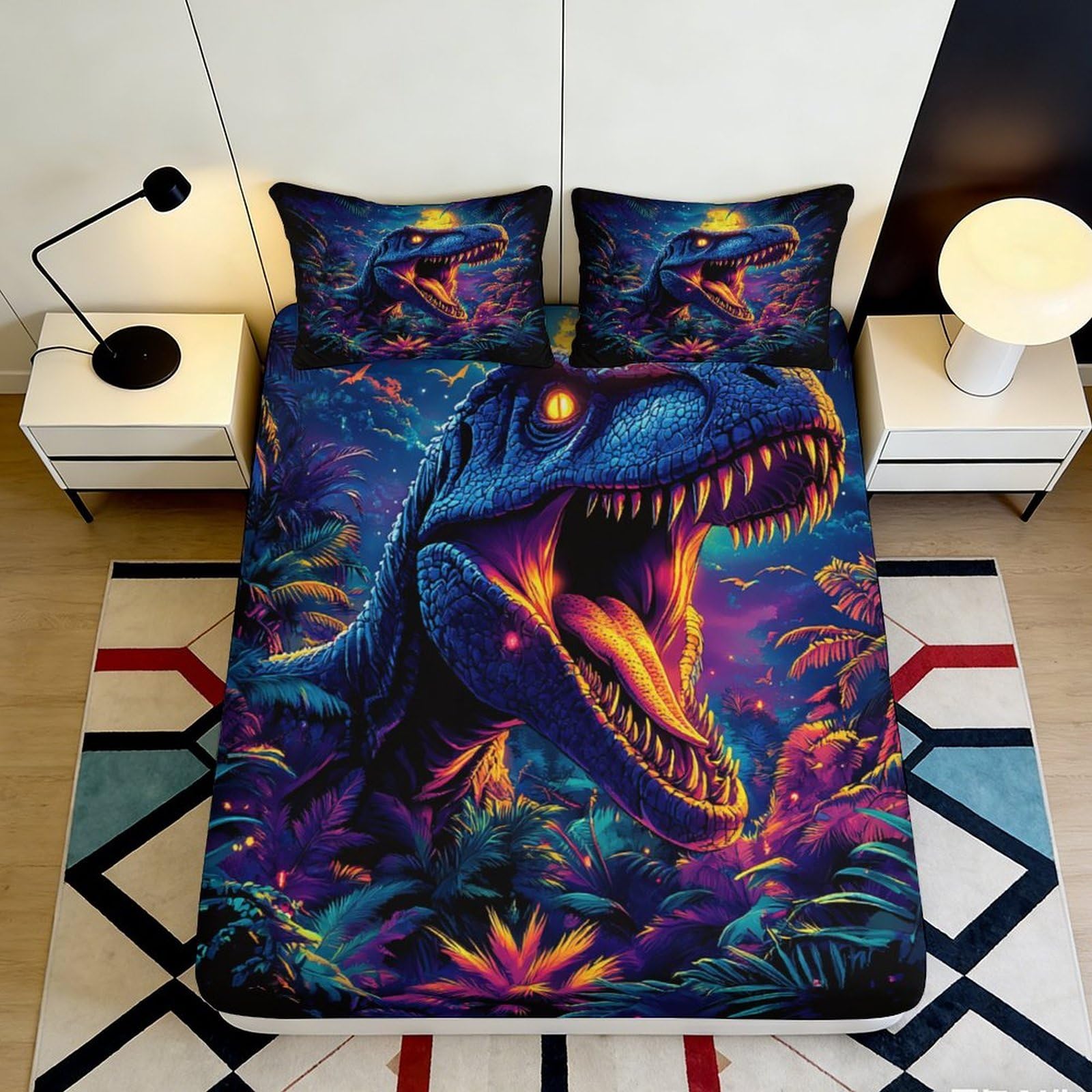 3D Printed Neon Dinosaur Jungle Fitted Sheet Microfiber Soft Mattress Cover, Anti-Slip, Machine Washable, Bedroom Decor 160x200x25cm