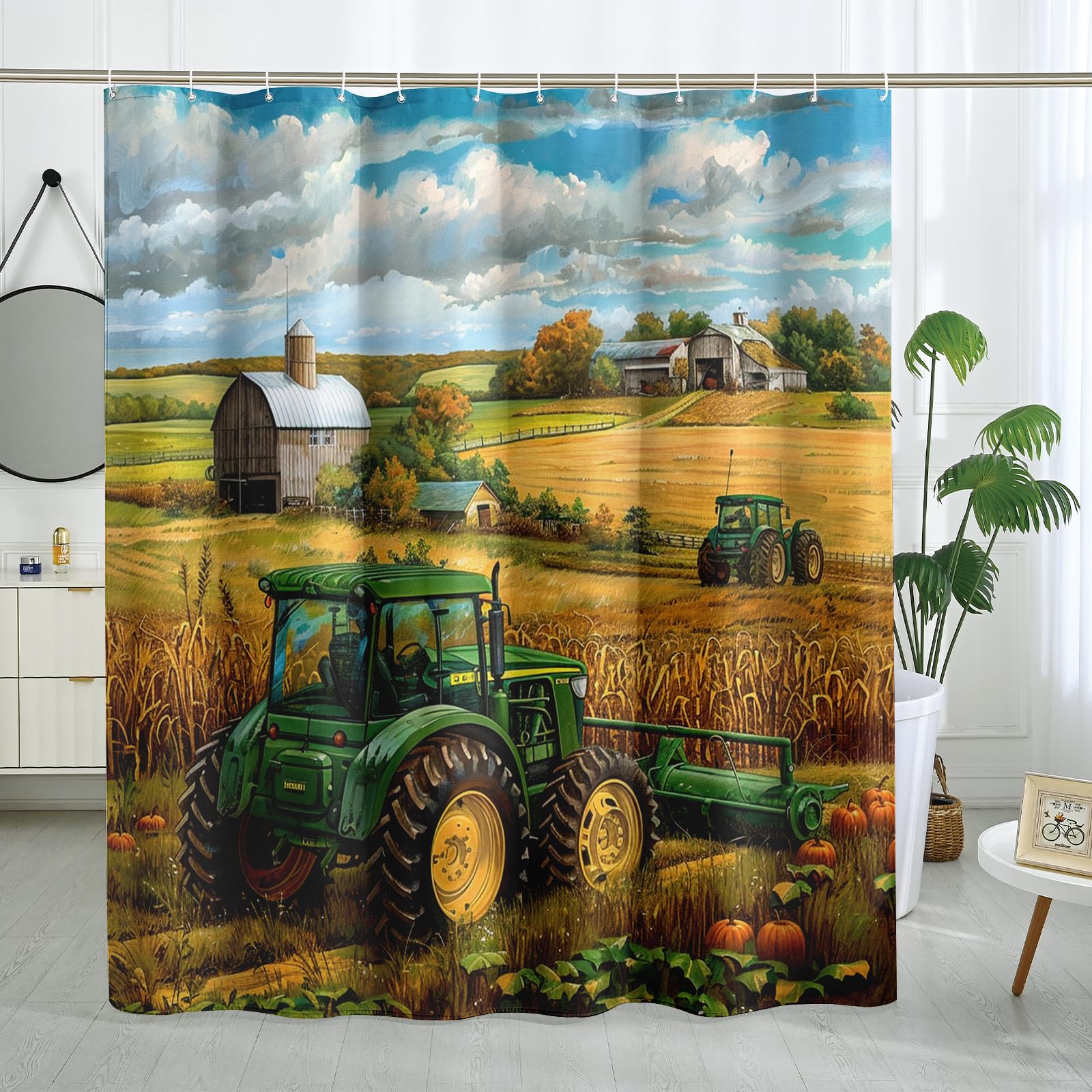 TPHIHPT Fall Green Tractor Shower Curtain, Autumn Cool Farmhouse Scene Shower Curtains for Bathroom, Farm Country Fabric Bath Decor Accessories Set -