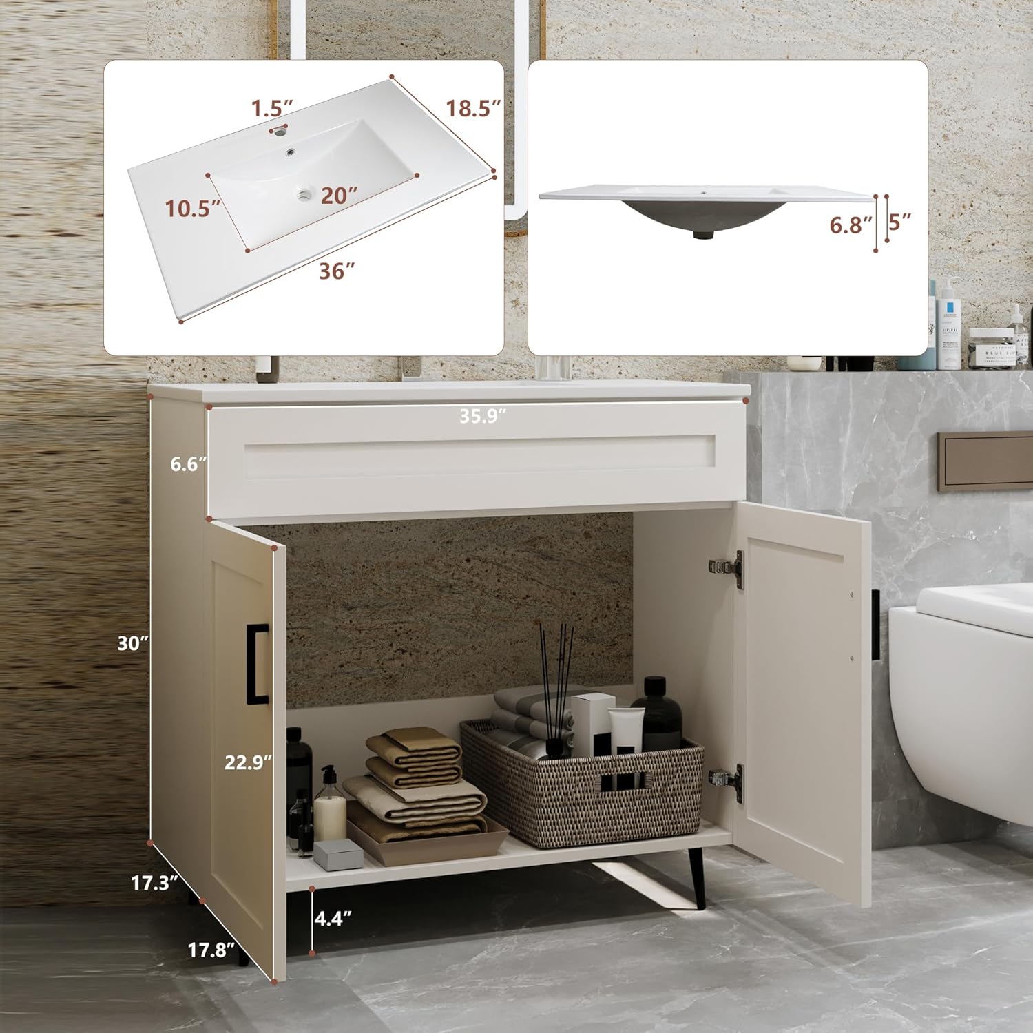 36 Inch Bathroom Vanity with Sink, Modern Wooden Freestanding Bathroom Storage Cabinet with 2 Doors and 1 Drawer, Metal Legs, Painted Surface, White