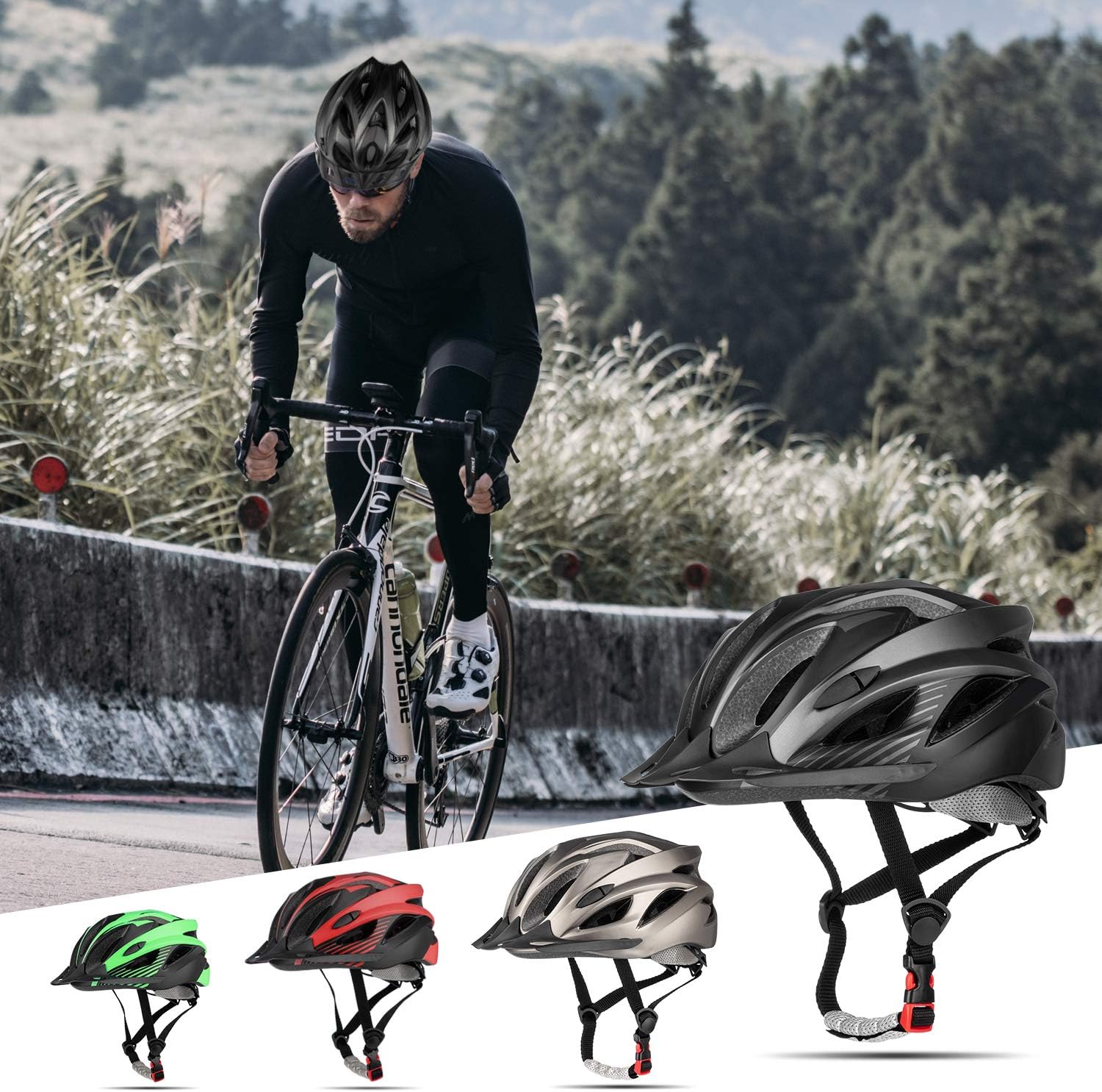 RNOX Adult Bike Helmet, Bicycle Cycle Helmet for Adults Men/Women, Adjustable Size Road Cycling Bicycle Helmet with Detachable Visor/Led Rear Light - Black Green: Sports & Outdoors