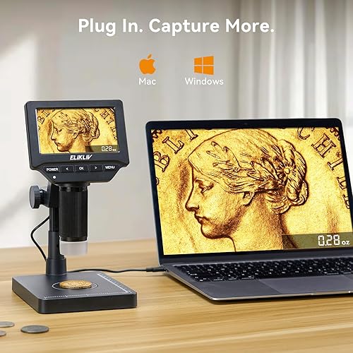 Miniatura 17 de Elikliv Microscopio, microscopio digital LCD para monedas 1000x, lupa de monedas con 8 luces LED ajustables, vista de PC compatible con Blanco