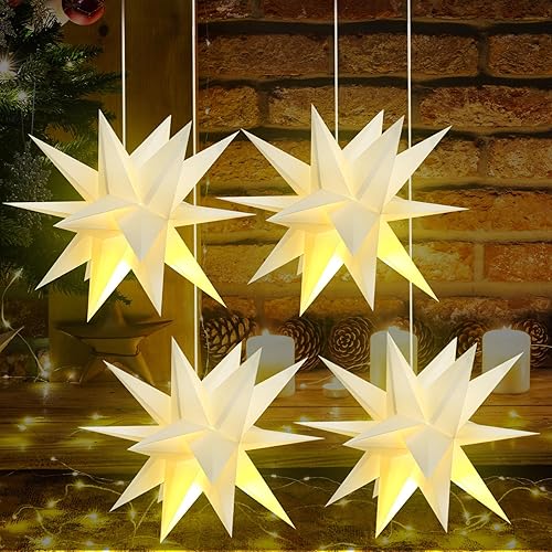 Riakrum 4 linternas de papel de estrella morava de Navidad con luces LED de 12 pulgadas, estrellas de papel 3D de 12 pulgadas, 18 estrellas