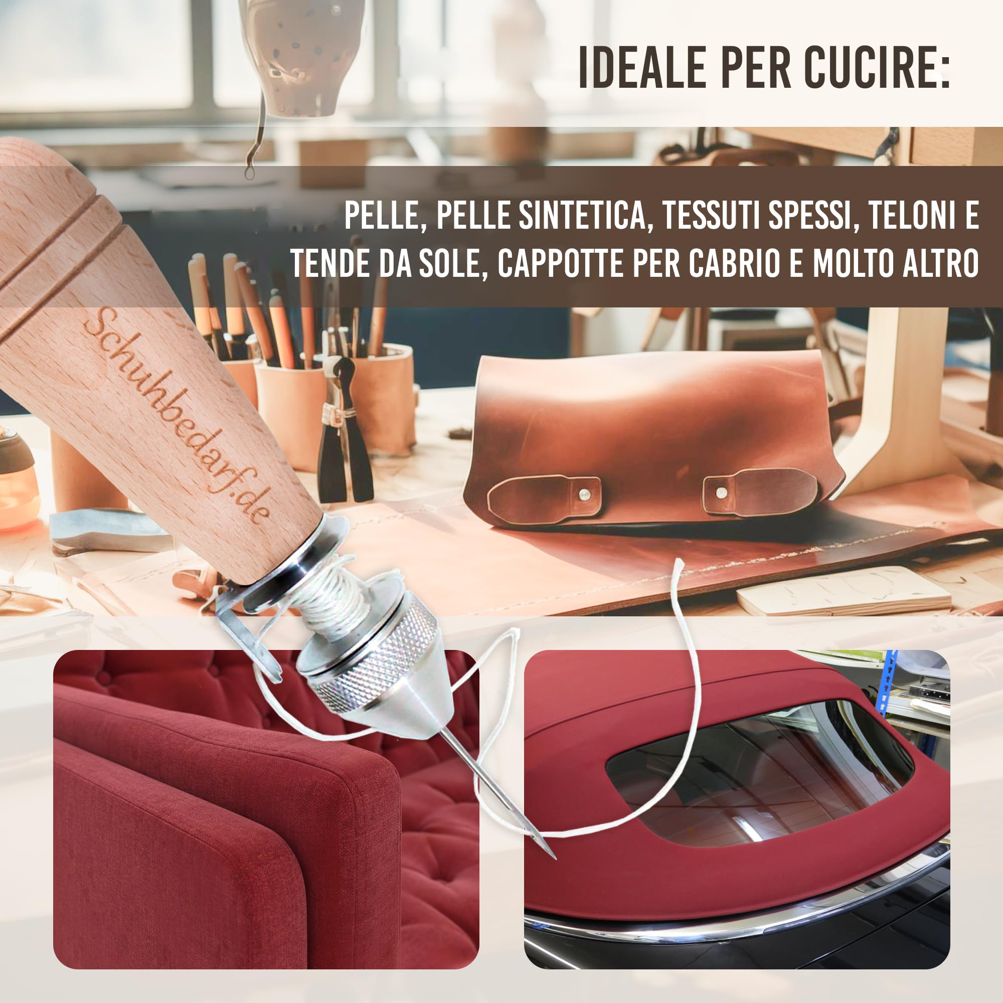 Macchina da Cucire a Mano con Bobina di Filo – Macchina da Cucire a Mano per Tessuti Spessi, teloni, Trapunta Convertibile e Tela – incl. ago in Pelle – Made in Germany
