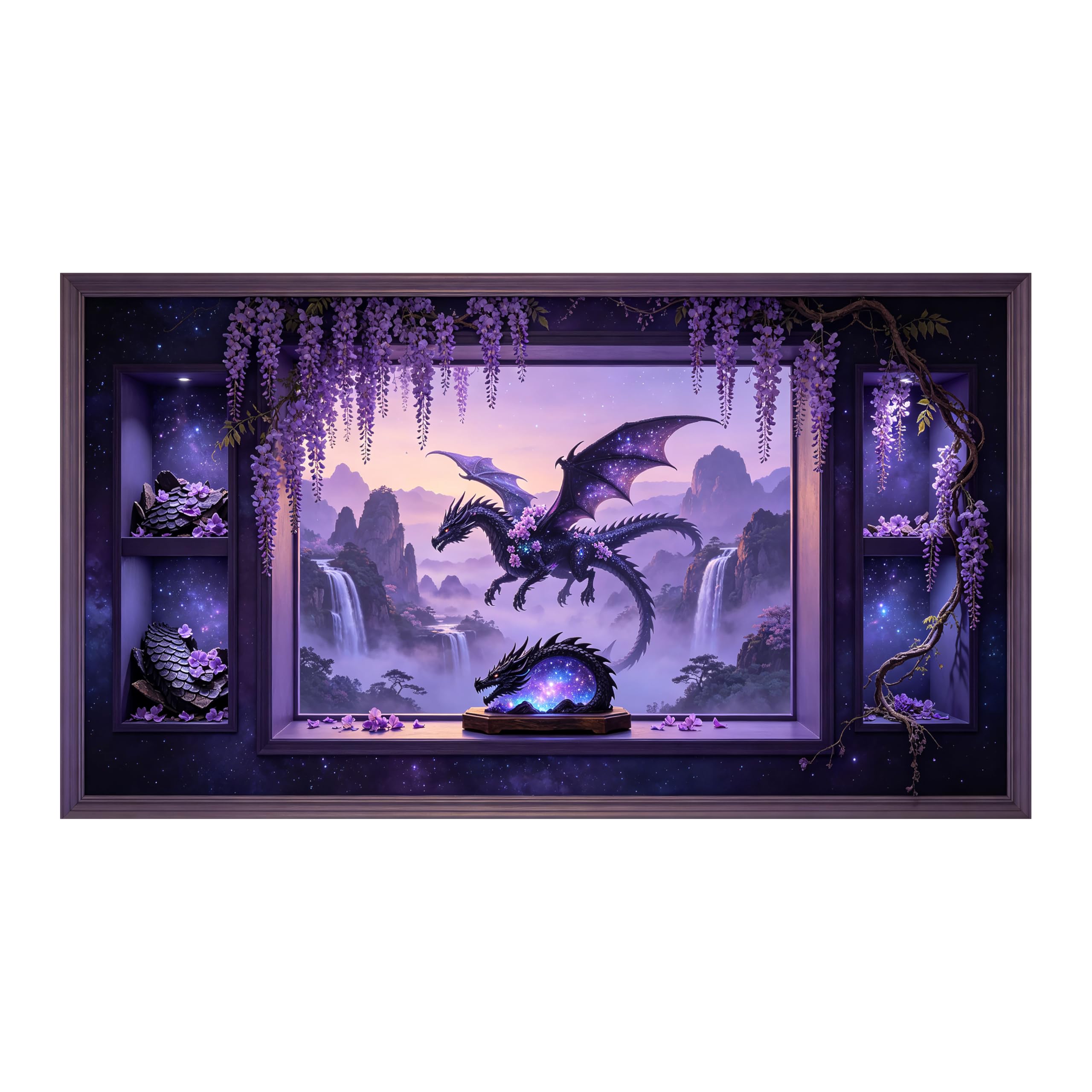 Yzpallescene Art260711186 3D Framed Wall Art Fantasy Dragon Waterfall Window View Large Size Selfadhesive Removable Wall Decor Prints Artwork For Living Room Bedroom Office