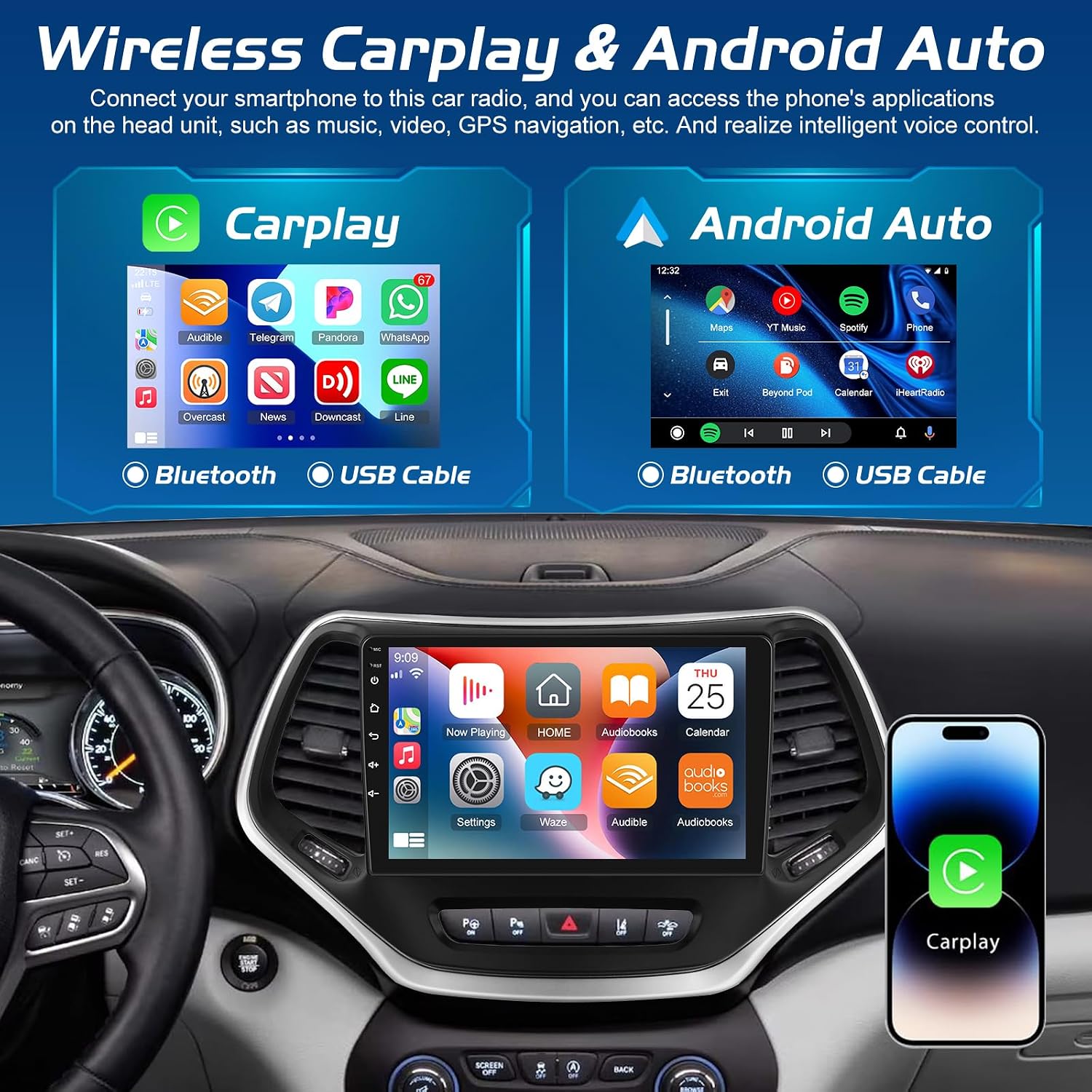 [4+64G] NHOPEEW for Jeep Cherokee Car Radio 2013-2018, 10 Inch Touch Screen Android Car Stereo, Wireless Carplay and Android Auto, GPS, EQ Audio, WiFi, SWC, Mirror Link, Bluetooth + AHD Backup Camera