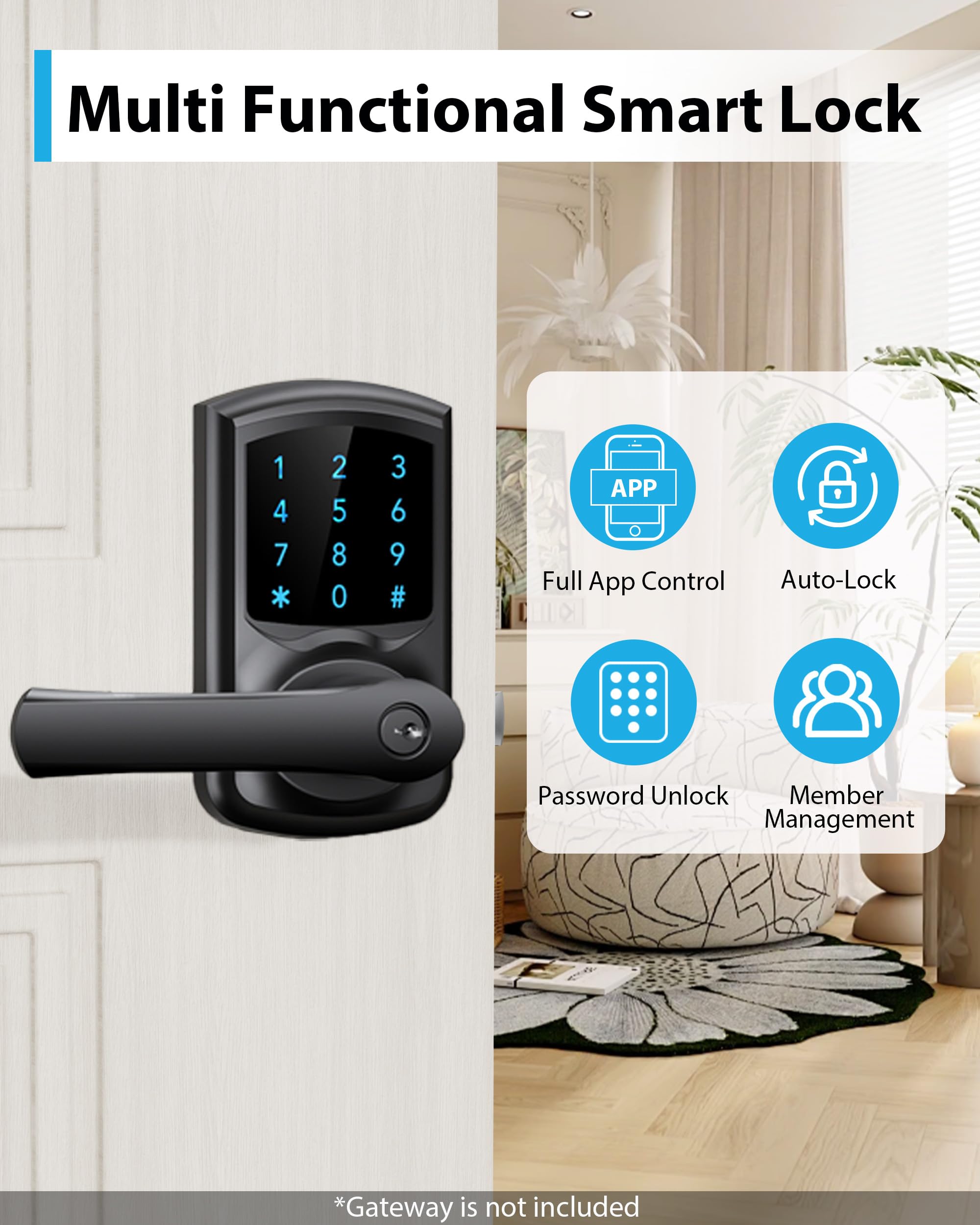 Hidalife Serratura intelligente con maniglia, serratura senza chiave con tastiera, controllo app, serratura digitale con codice touchscreen, per porta d'ingresso, camera da letto, garage, appartamento