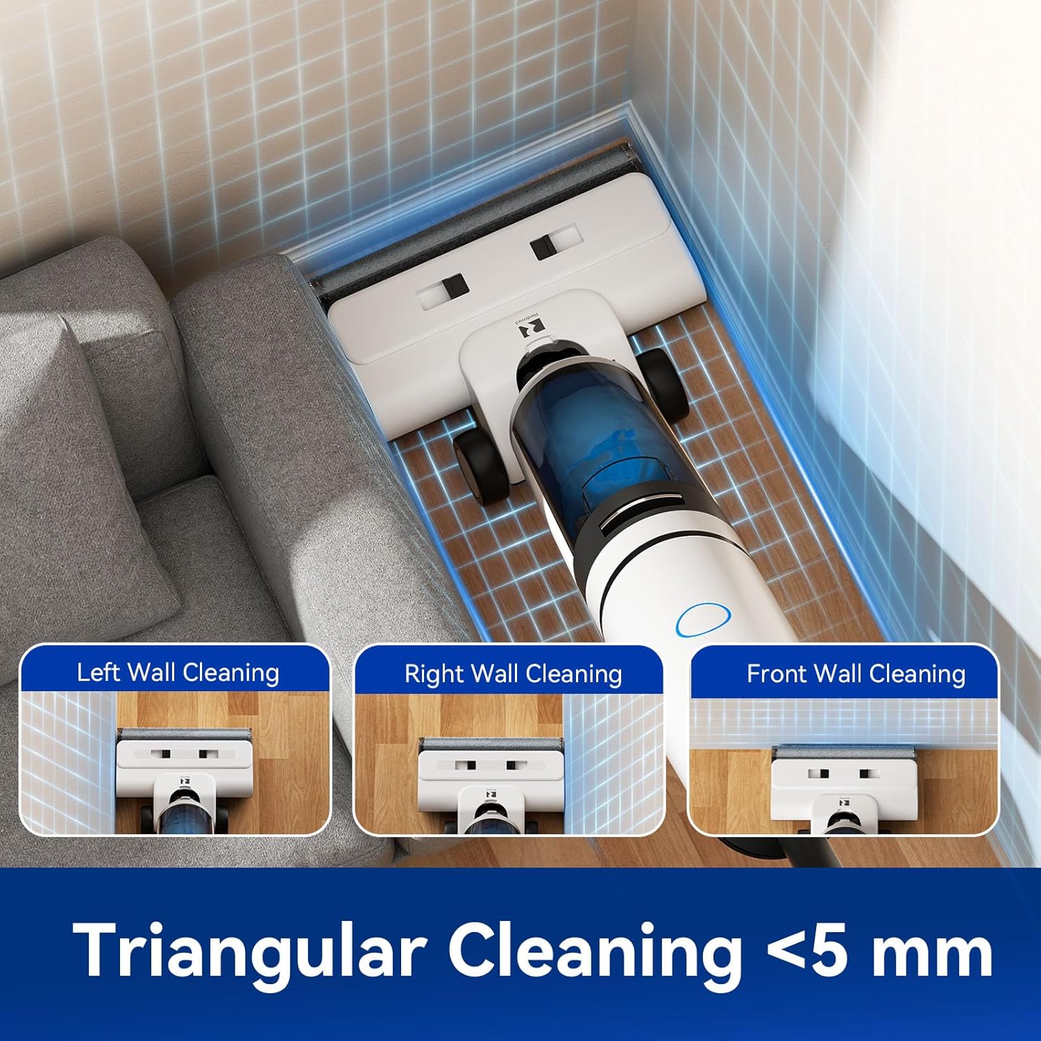 Diagram showing the Redroad W15 Pro's ability to clean along left walls, right walls, and front walls with minimal gap.