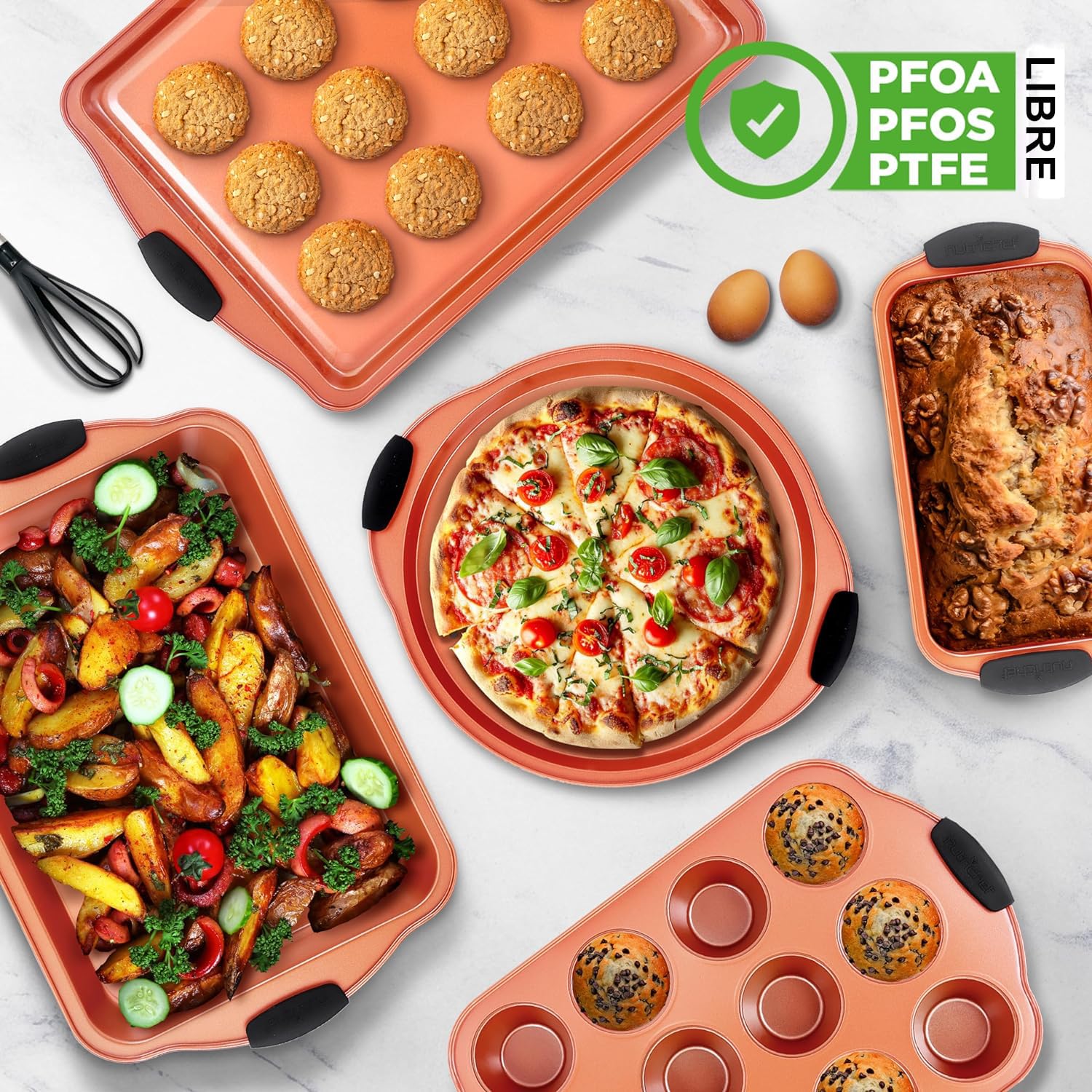 NutriChef, Moules à Pâtisserie, Set de Moules Antiadhésif, Inclus; Plaque à Biscuits,Plaque à Pizza,Plat à Rôtir,Forme à Gâteau-Pain-Muffin, Plateau Carré,Plat Cuisson Four, 10 Pièces