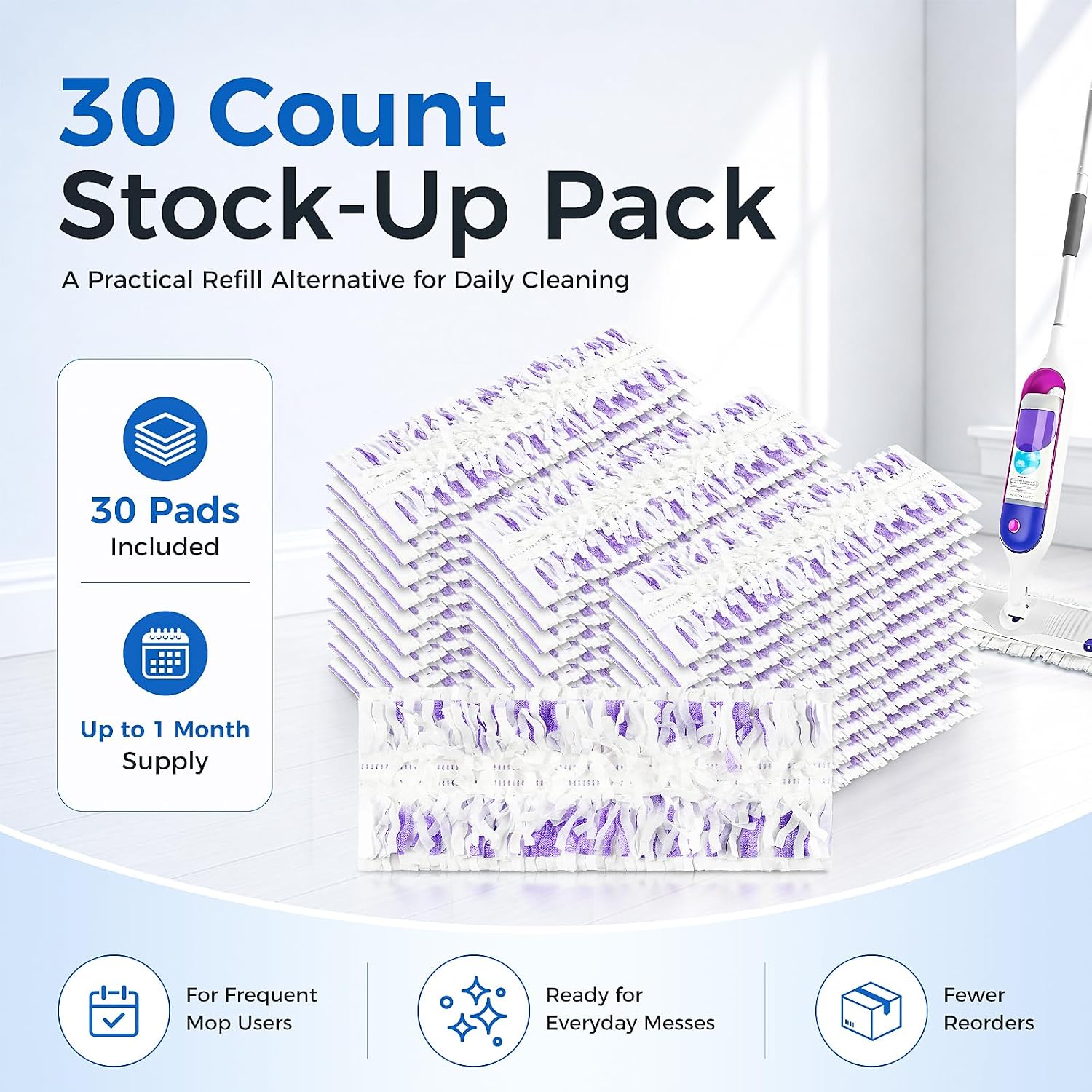 30 Count Power Mop Pads for Swiffer Power Mop, Wet Dry Pad Refills | 5X Cleaning Power, 500+ Scrubbing Strips & 14-Layer Disposable Pads for Sticky Messes, Dust and Hair