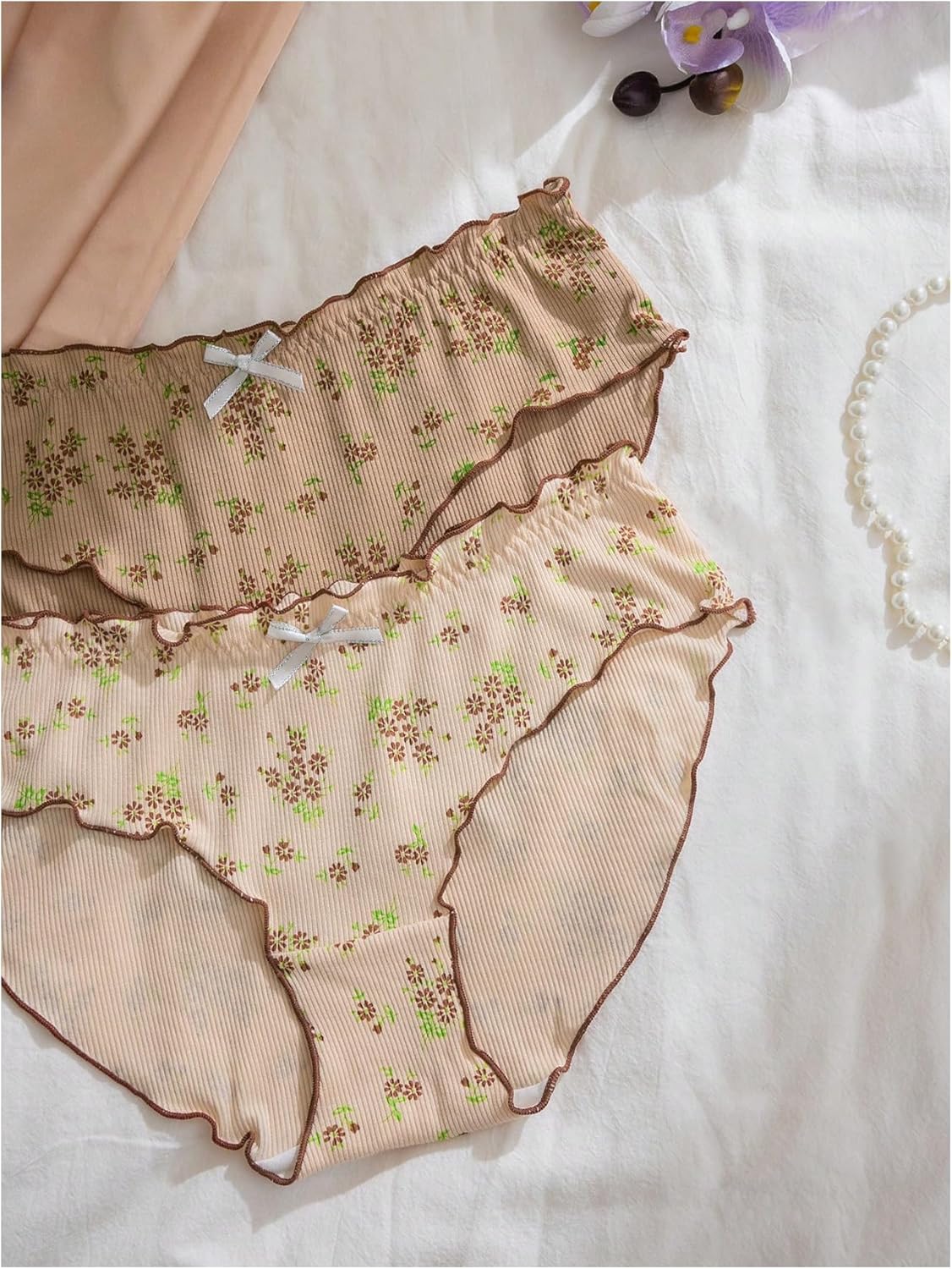 MakeMeChic Women's 5 Pack Briefs Underwear Floral Bow Knot Rib Knitted Lettuce Trim Panties - Image 4