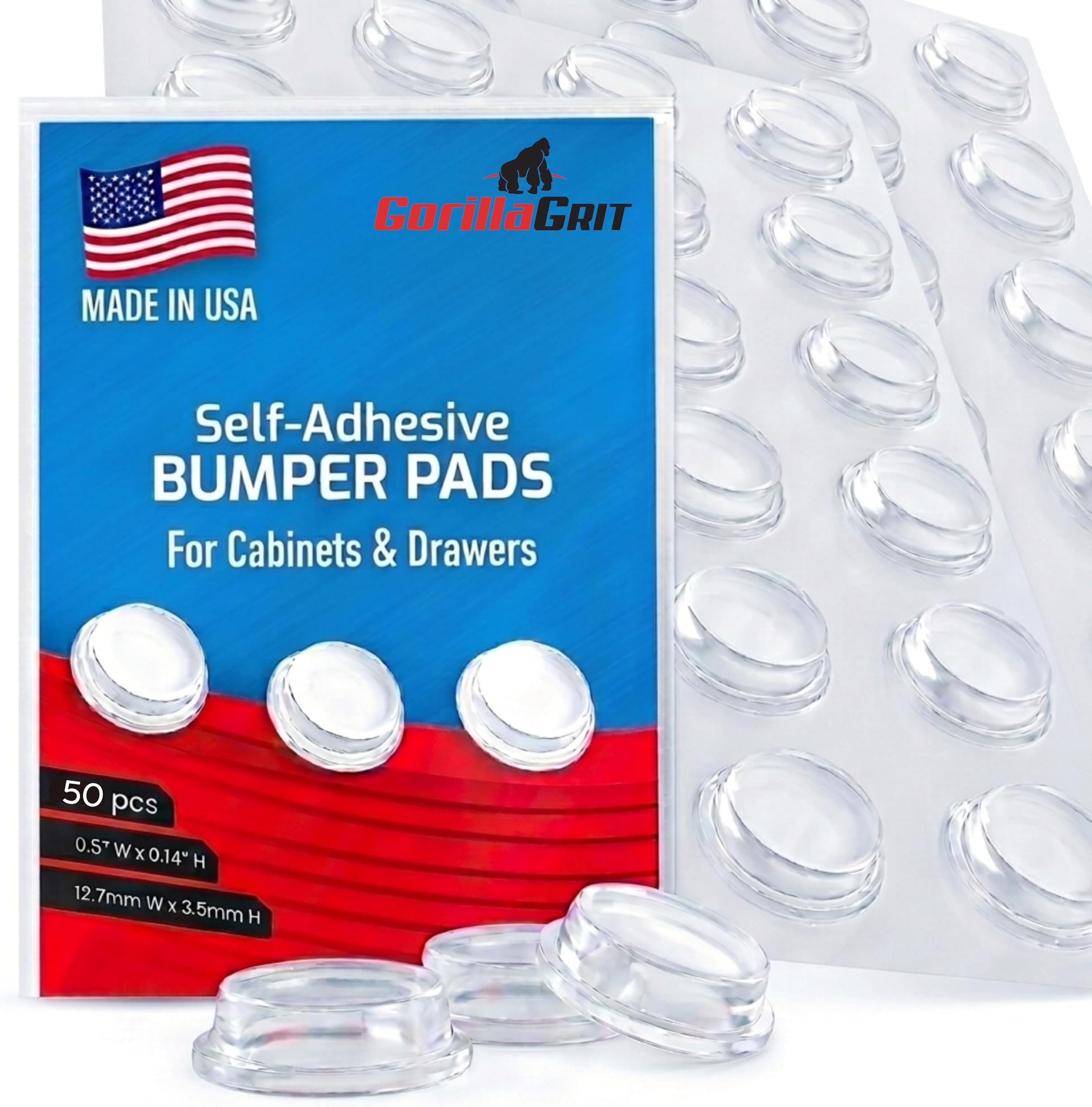 Pack of 50 Cabinet Door Bumpers - 1/2” Diameter Clear Adhesive Pads for Drawers, Glass Tops, Cutting Boards, Picture Frames, Small Furniture