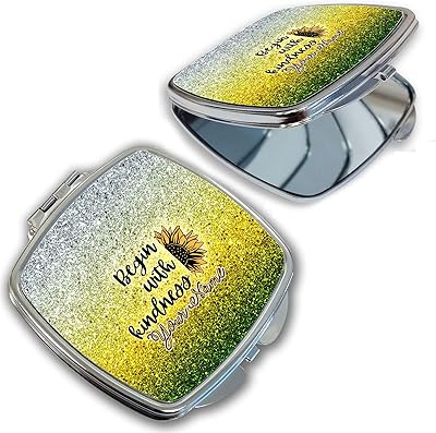 Bleu Reign Compact Personalized Pocket Mirror Custom Name Green and Yellow Glitter Sunflower Begin with Kindness
