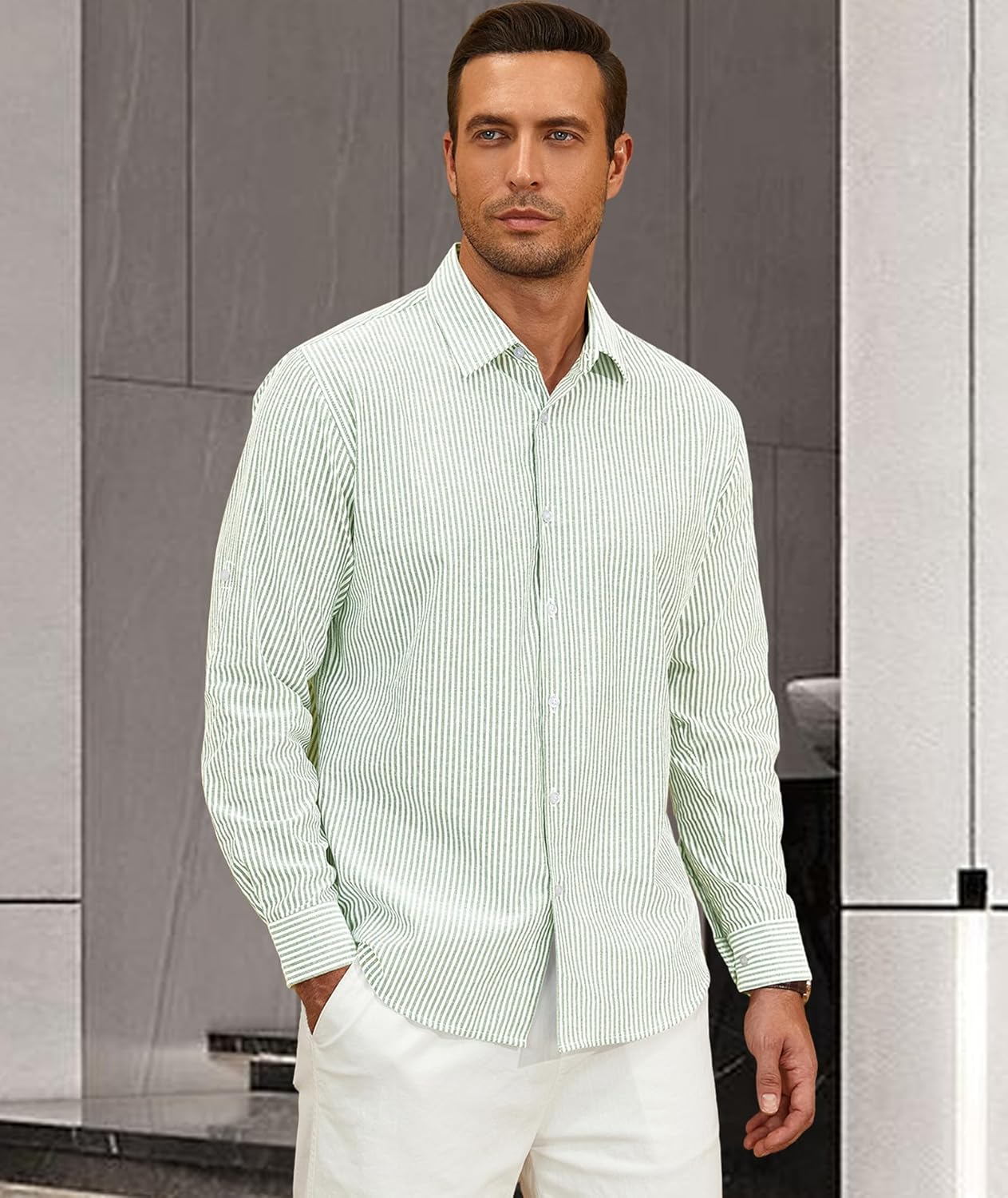 Deer Lady Mens Long Sleeve Button Down Shirt Striped Casual Cotton Business Summer Beach Wedding Dress Shirts - Image 5