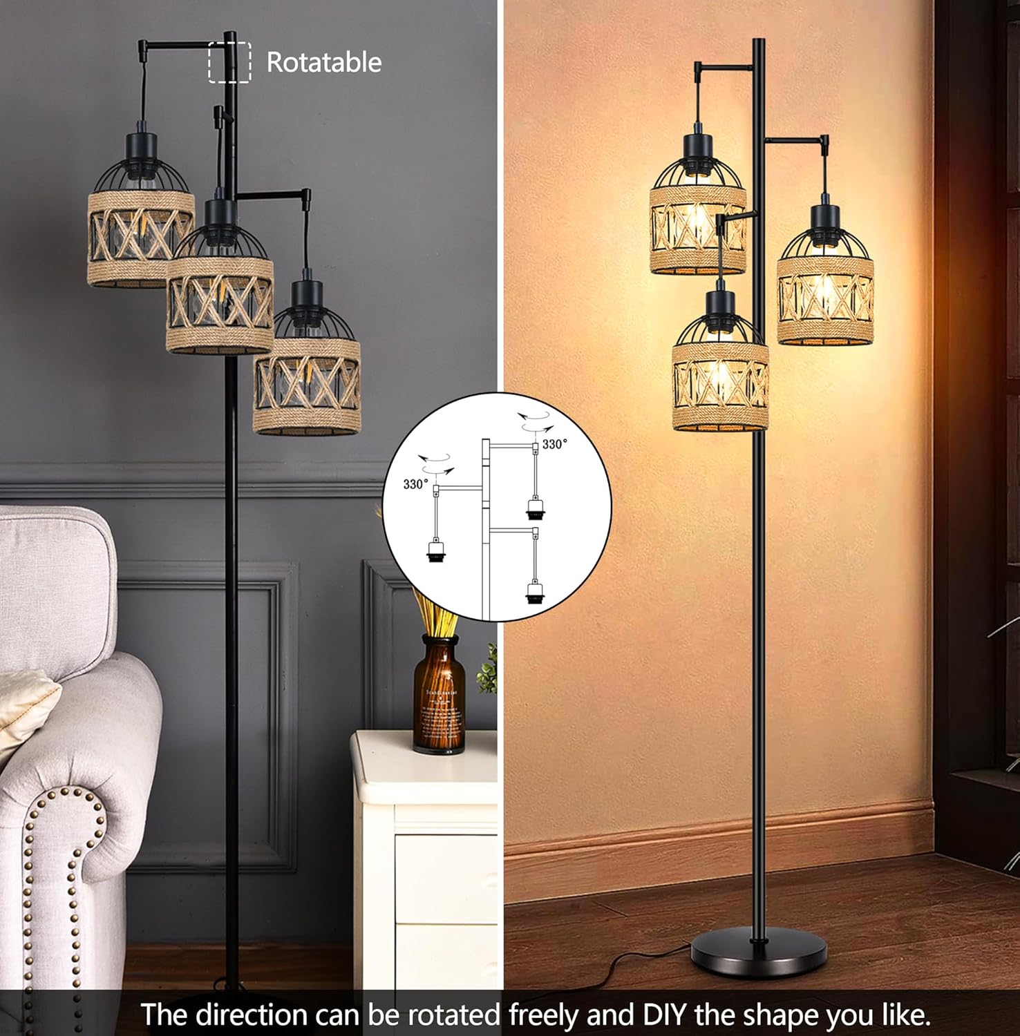 Tree Floor Lamp Rattan for Living Room,Bedroom,3-Lights Boho