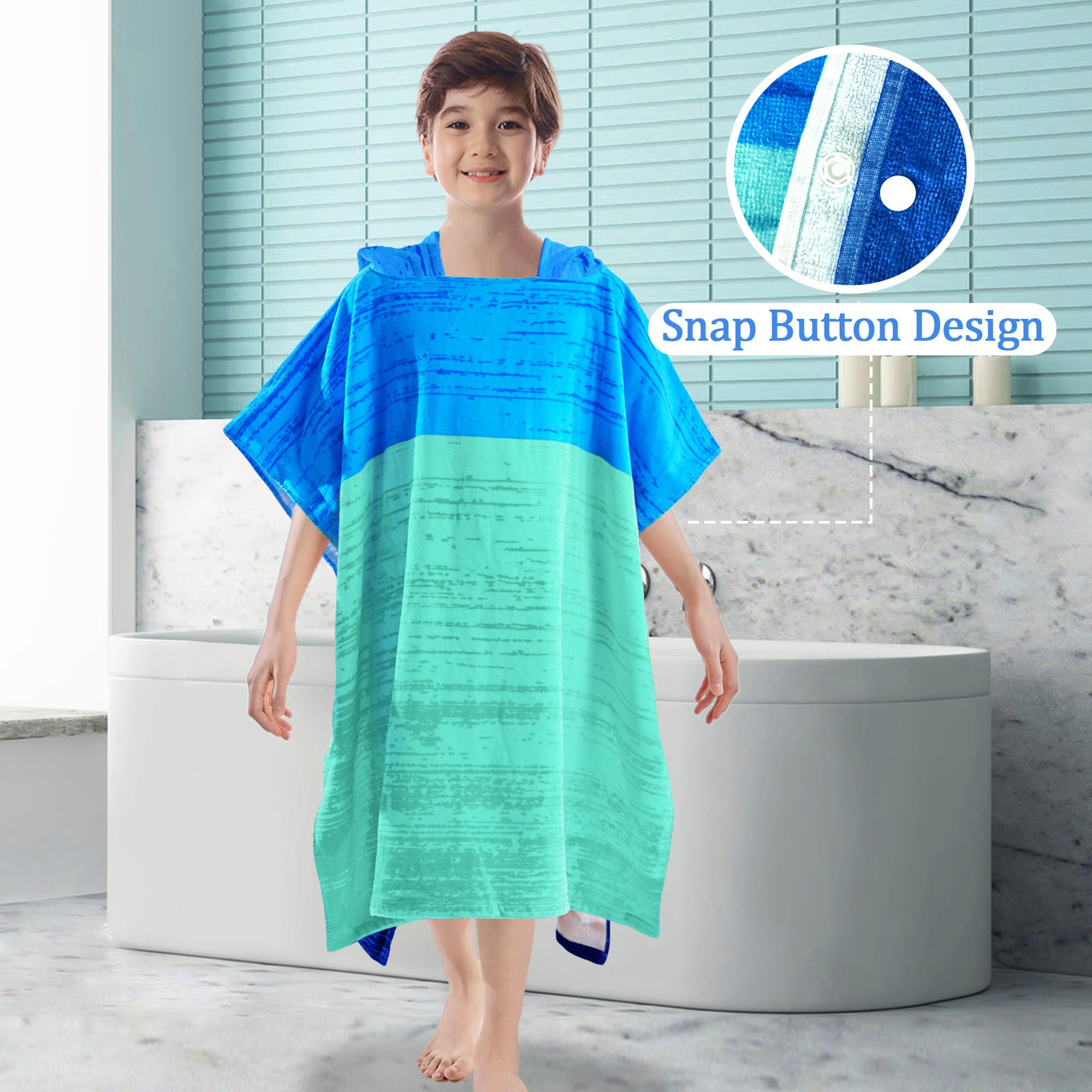 VOOVA & MOVAS Poncho-Handtuch für Jugendliche (8–16 Jahre), weiche, saugfähige Baumwolle, Kapuzenhandtuch, Bademantel, vielseitiger Strand-, Pool-, Schwimm- und Badevertuschung, Blau und Aquamarin