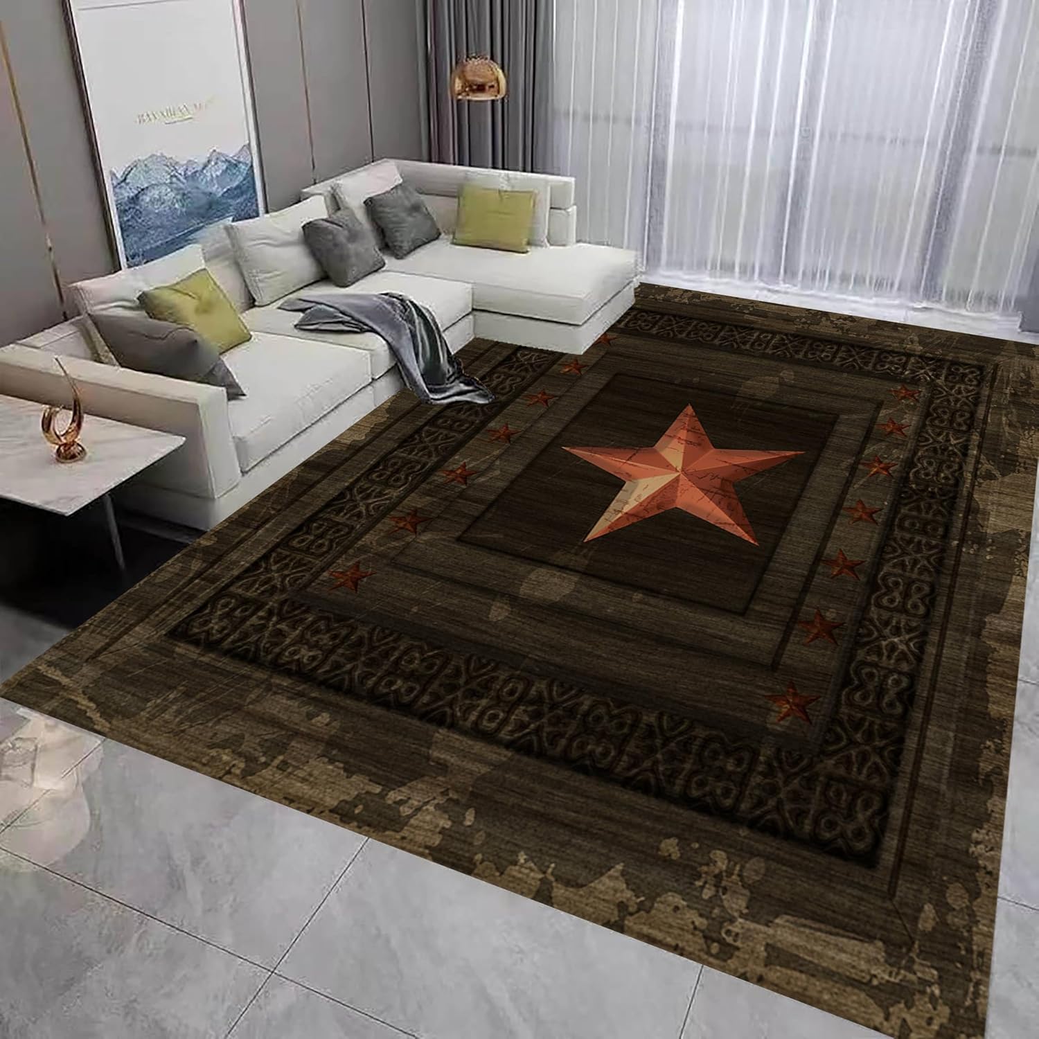 Rustic Area Rug, 4x5ft, Vintage Texas Star Wood Plank Brown Geometric Plaid Art Home Decor, Living Room Washable Non-Slip Floor Mats, Soft Absorbent Kitchen Dining Room Bathroom Rug