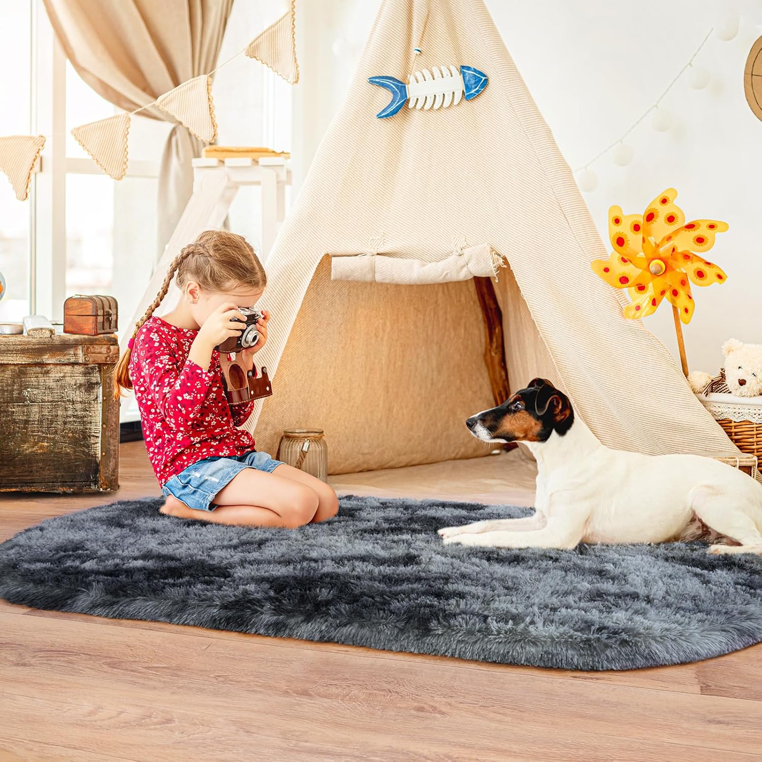 Fluffy Oval Rug for Bedroom 3.3'x6.2', Shag Area Rug for Bedside, Ultra Soft Cute Plush Carpet for Living Room Girls Boys Room Nursery Teens Dorm Home Decor, Blue Grey