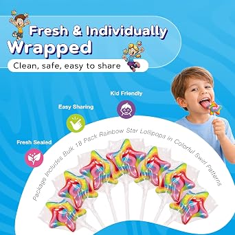18 Pcs Individually Wrapped Rainbow Star Lollipops Swirl for Kids Goody Bag | Bulk Lolipop Candy Suckers Treats - Swirly Candies for Birthdays Party Favors and Goodie Bags
