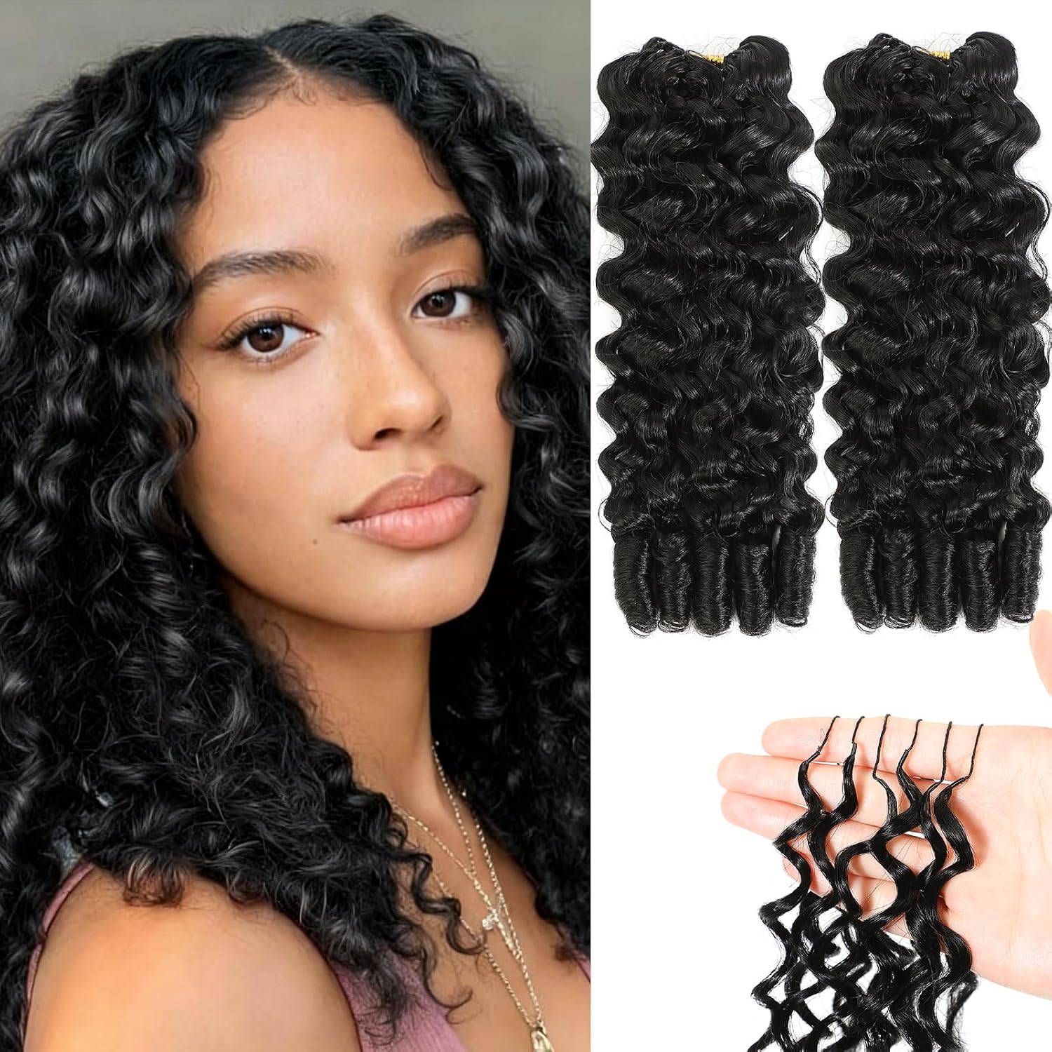 Feather Crochet Human Hair 60g Pre Separated 50 Strands Deep Wave Crochet Human Hair Extensions Invisible Miracle Knots Curly Crochet Hair Bundles for Black Women 14 Inch Natural Black