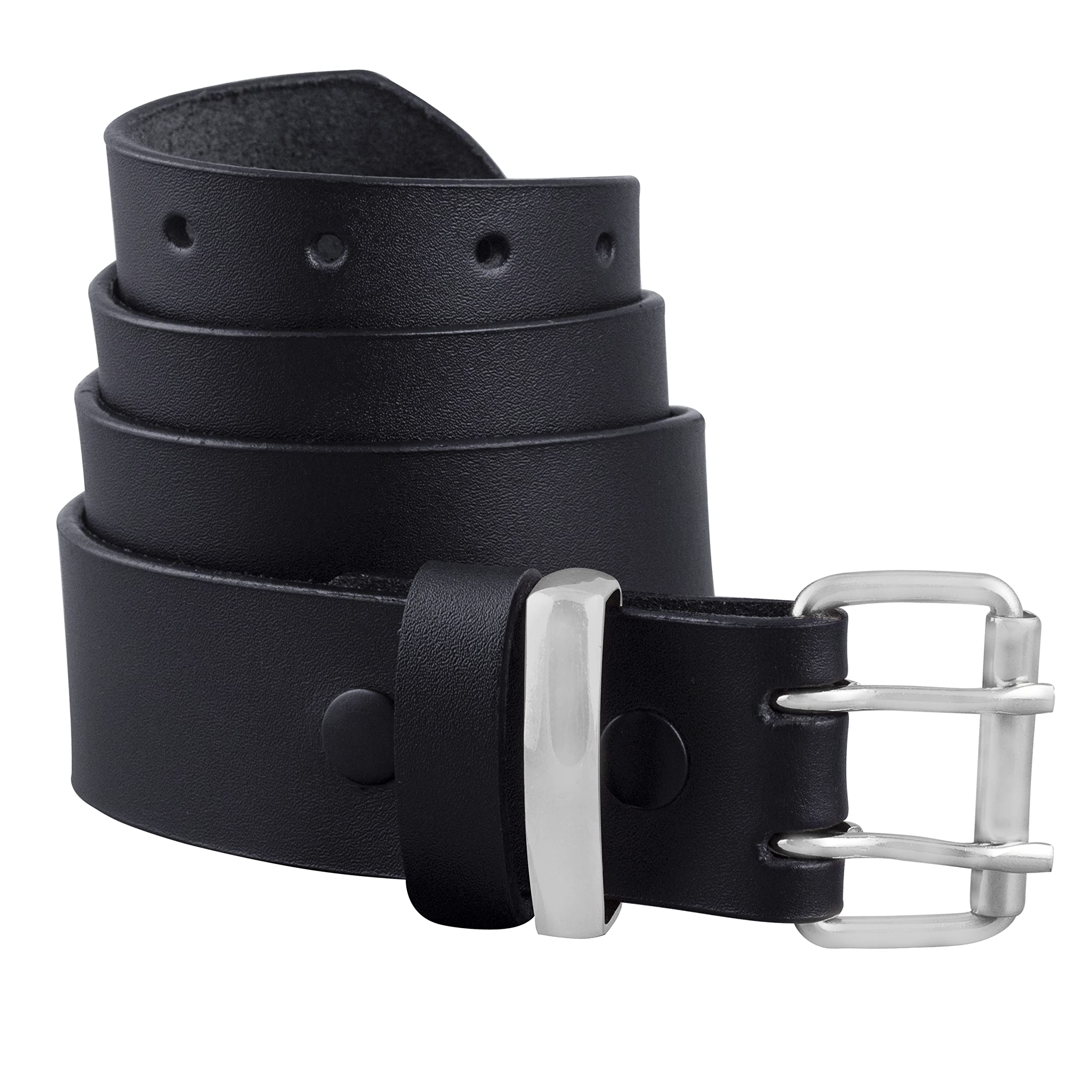 Daskz Leathers Men's Black Unbox ’S Genuine Leather Belt – Heavy Duty Double Prong Buckle Work Belt – Black Biker & Jeans Belt – Silver Roller Buckle – Waist Sizes 30-72