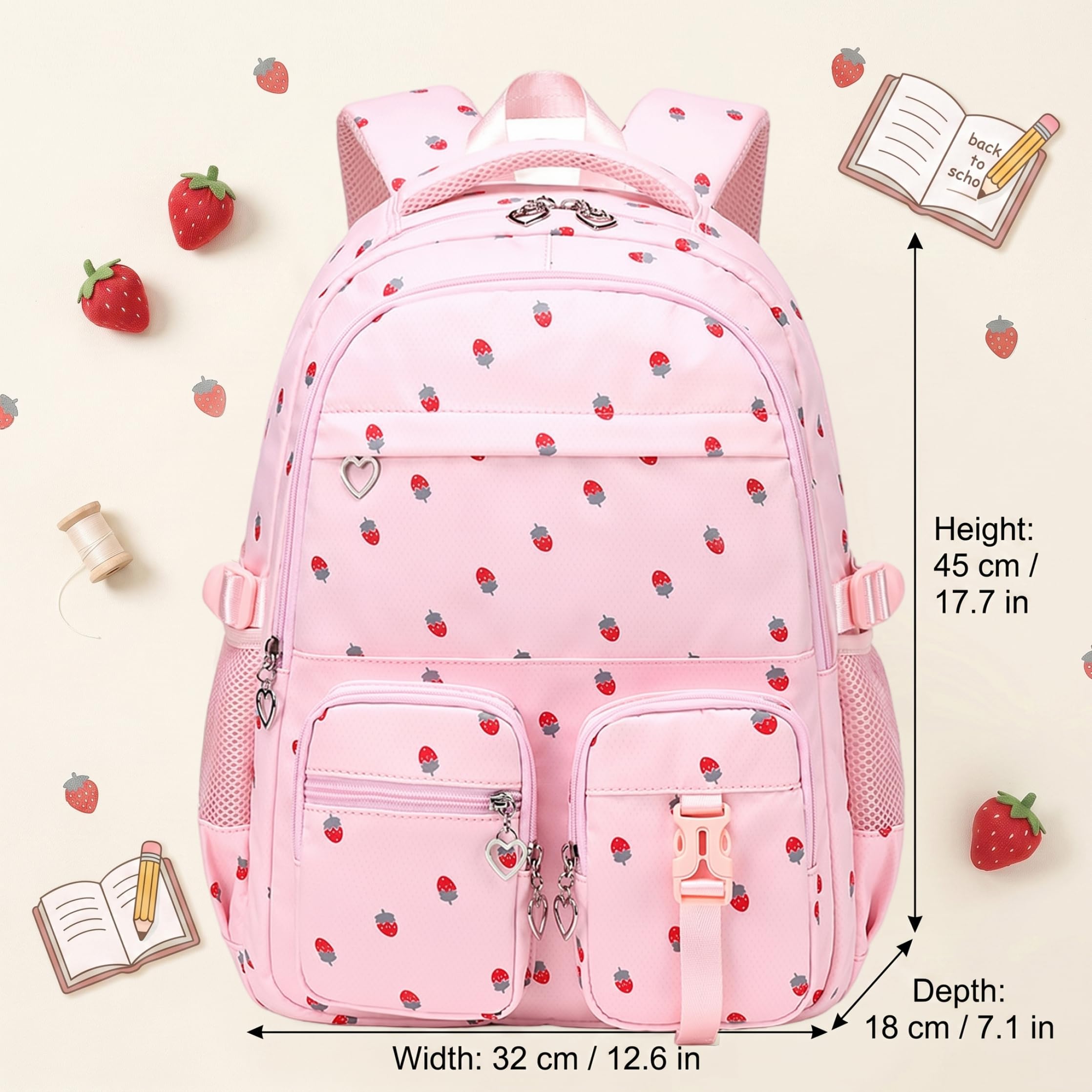 Zaino Fragola, Simpatico Zaino Scolastico Multitasche per Ragazze, Borsa per Libri per Studenti delle scuole Medie Superiori, stile1