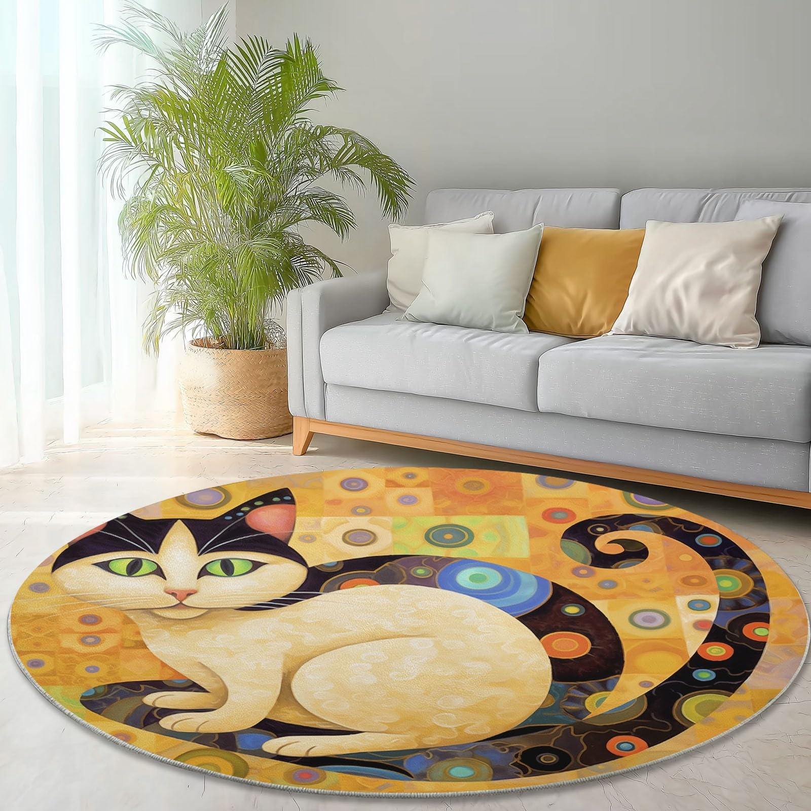 Tapis rond salon 120cm bohême lavable et antidérapant à motif chat