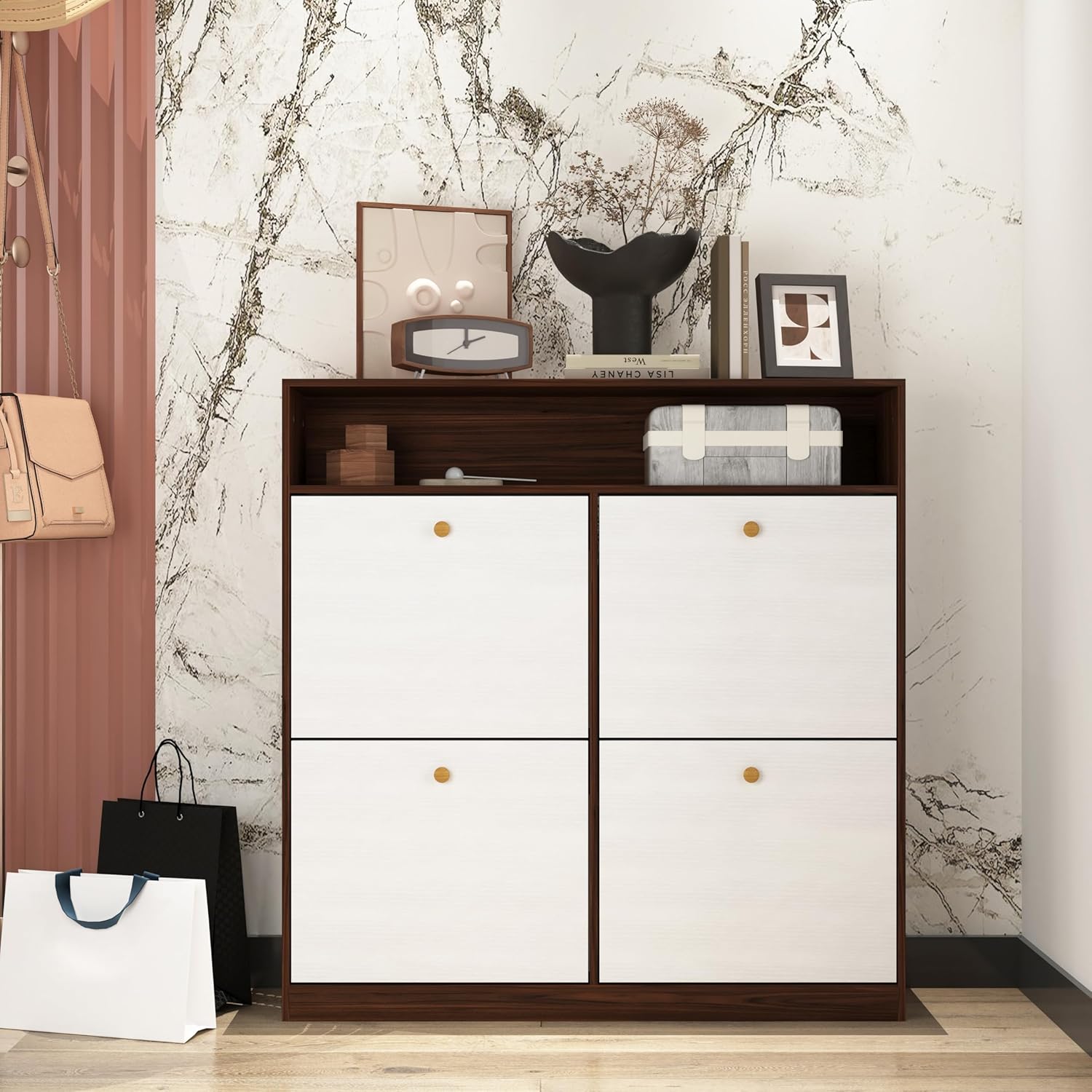 Shoe Storage Cabinet with 4 Flip Drawers, Shoe Rack Organizer Cabinet with Adjustable Shelves and Open Storage for Entryway, Hallway (Walnut)